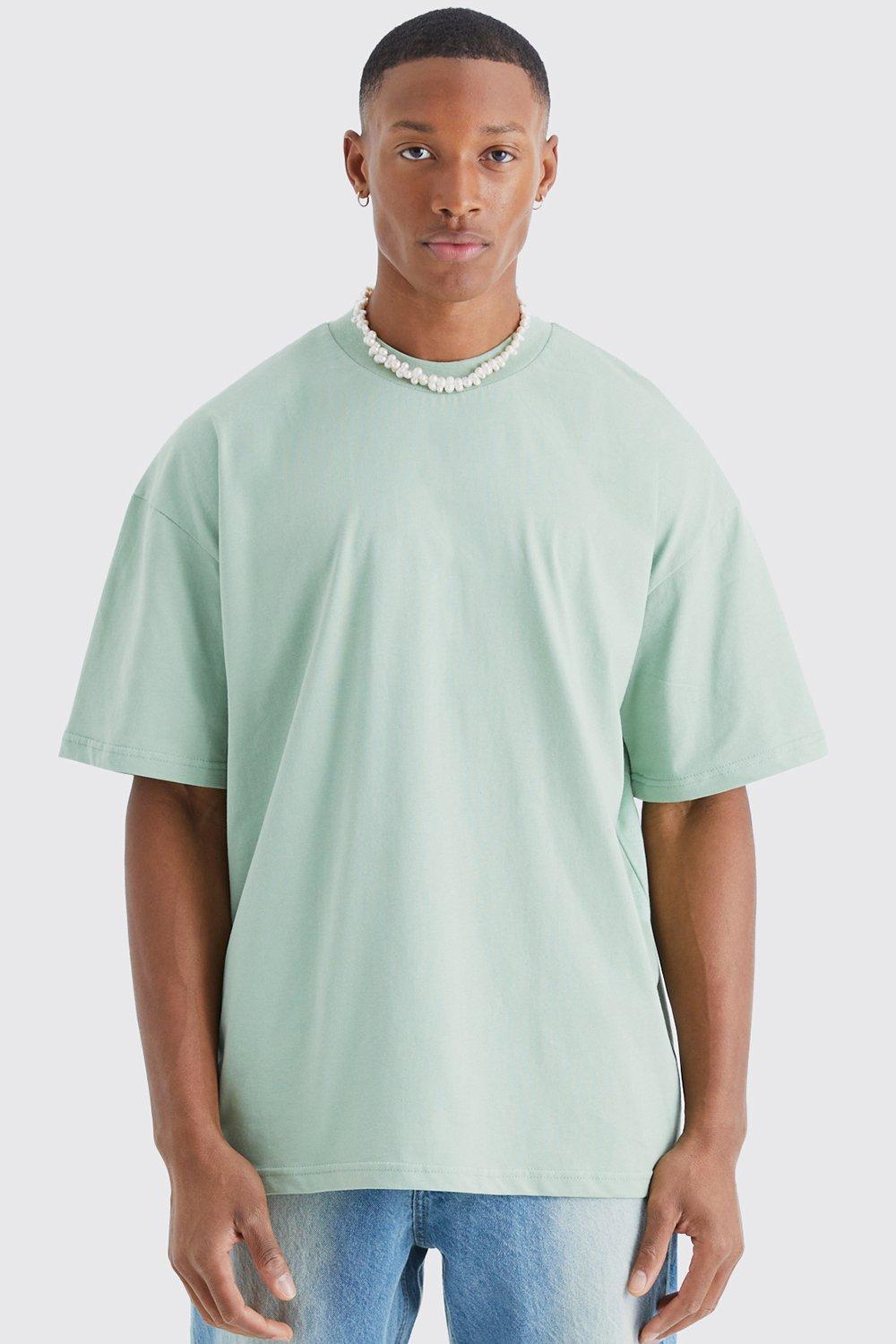Image of T-shirt oversize pesante con girocollo esteso, Verde