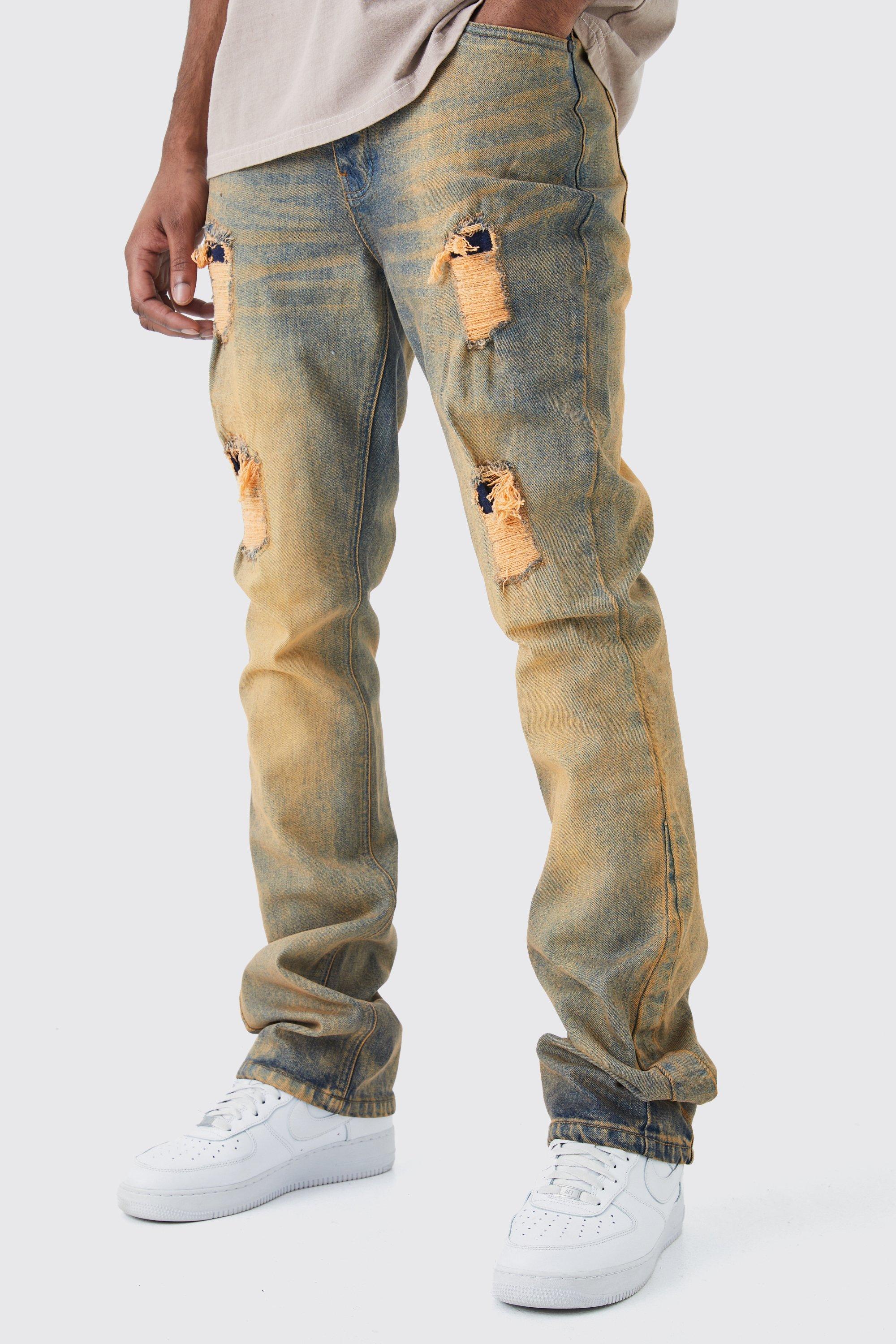 Mens Grey Tall Slim Flare Rigid Multi Rip & Repair Jeans, Grey