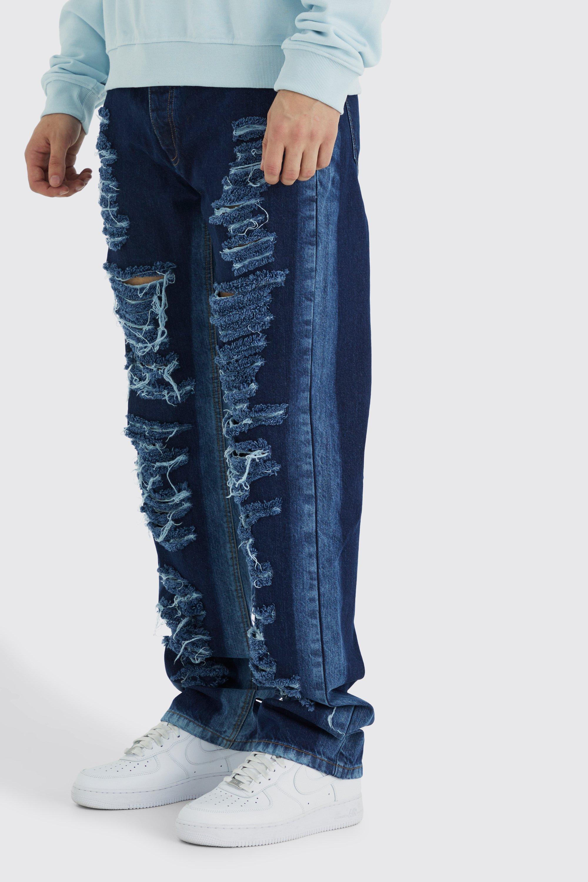 Mens Blue Tall Relaxed Rigid Multi Rip Panelled Jean, Blue