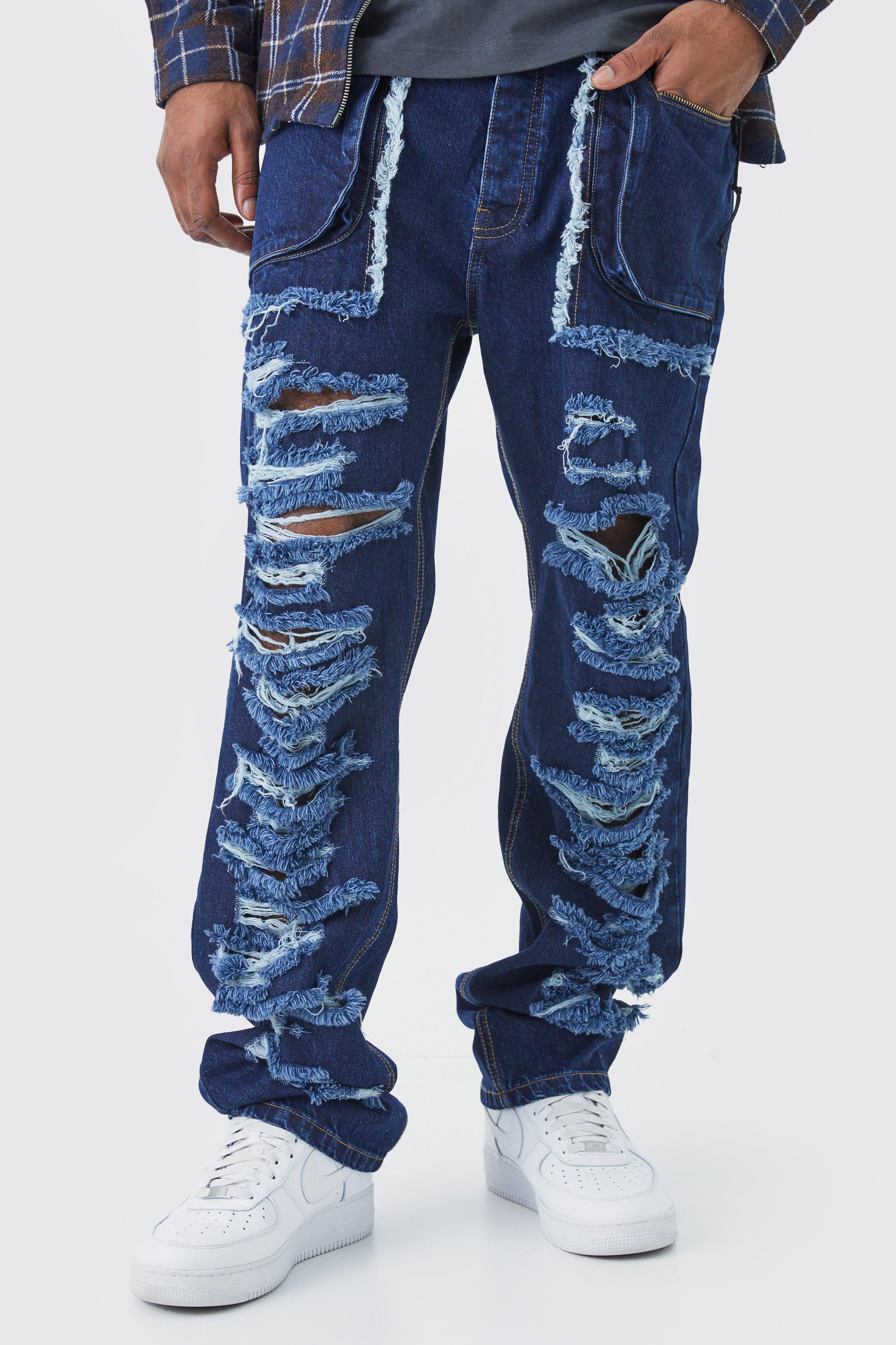 Image of Jeans Tall rilassati in denim rigido con strappi e tasche Cargo, Azzurro
