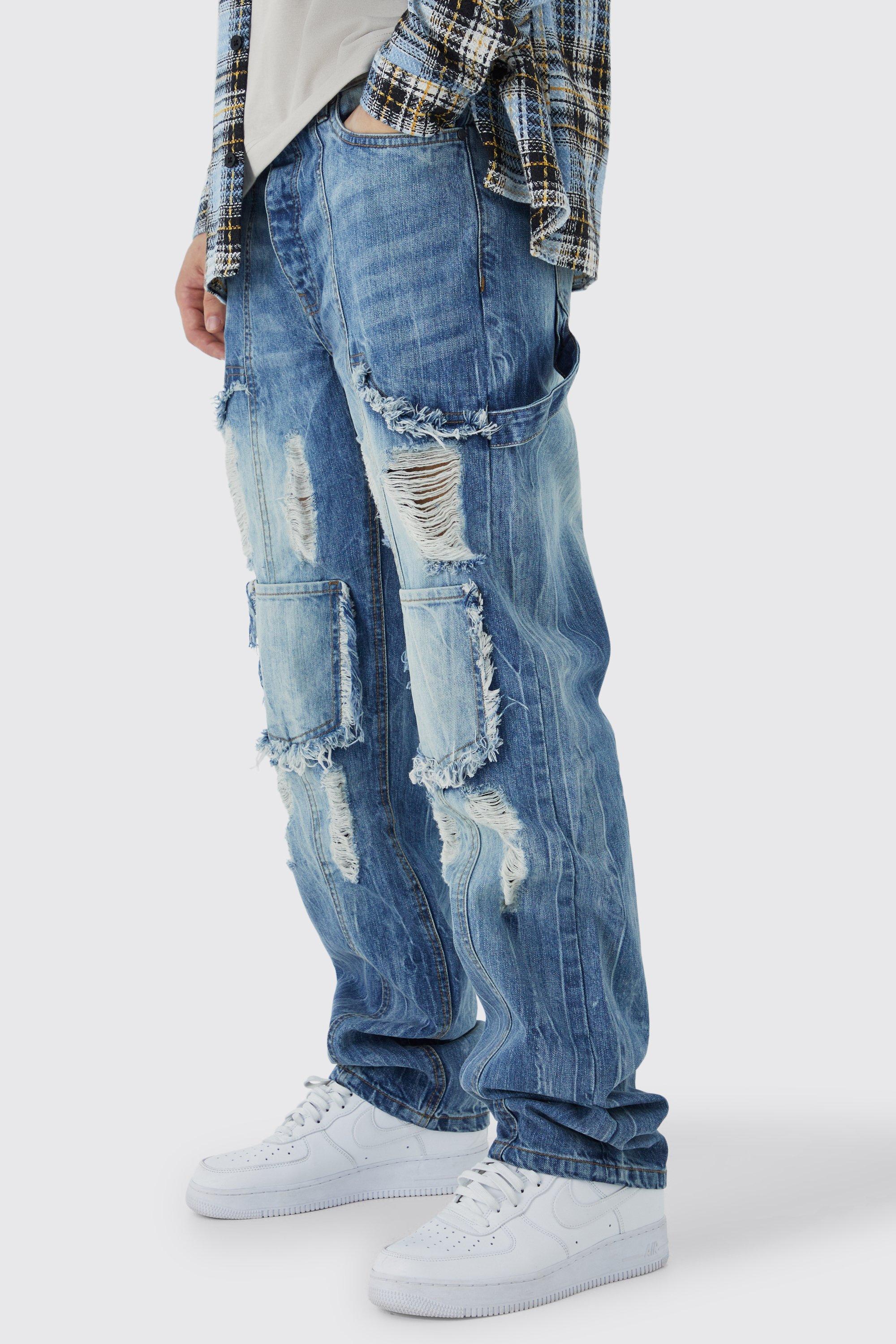 Mens Blue Tall Relaxed Rigid Ripped Carpenter Cargo Jean, Blue