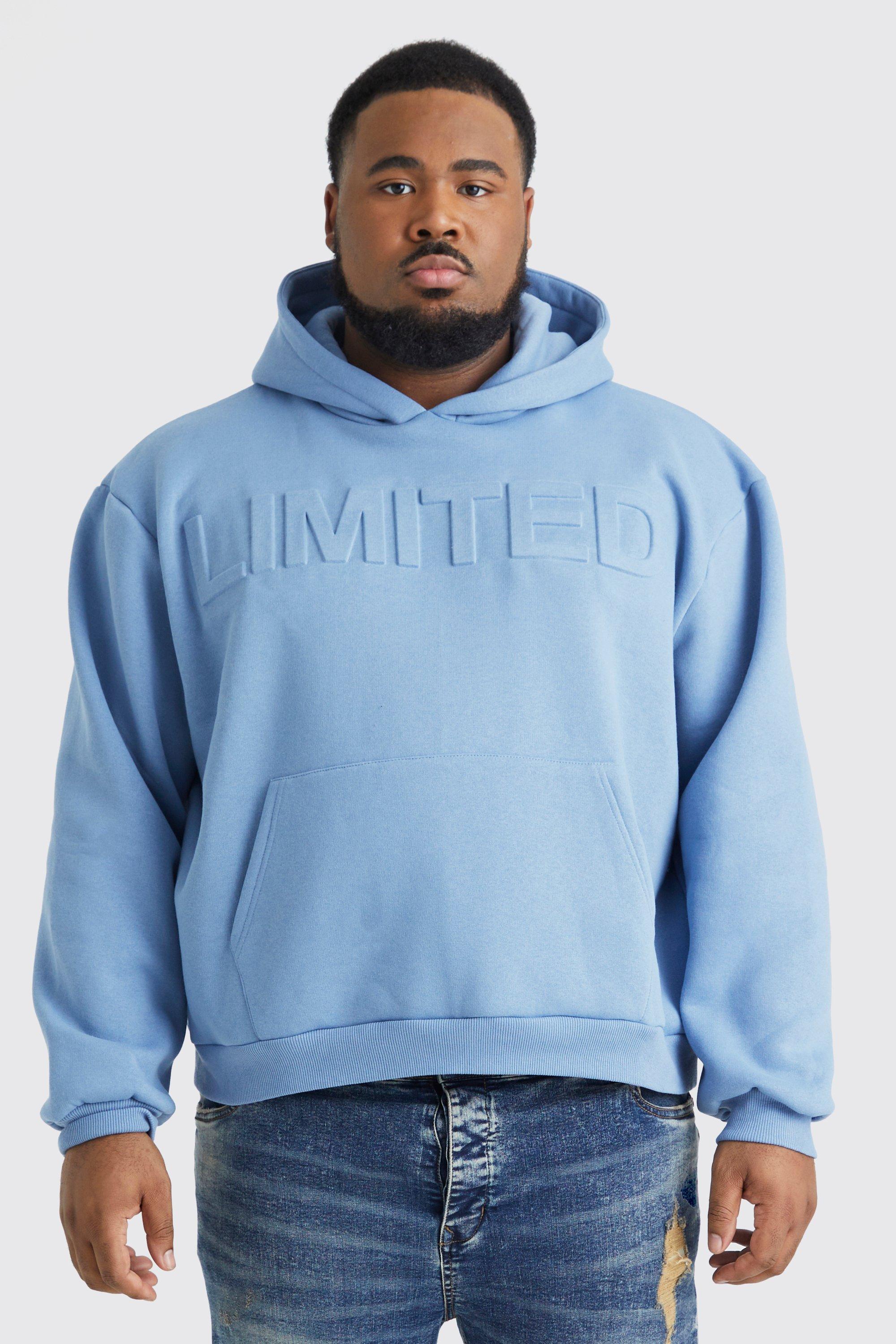 Mens Blue Plus Oversized Boxy Limited Embossed Hoodie, Blue