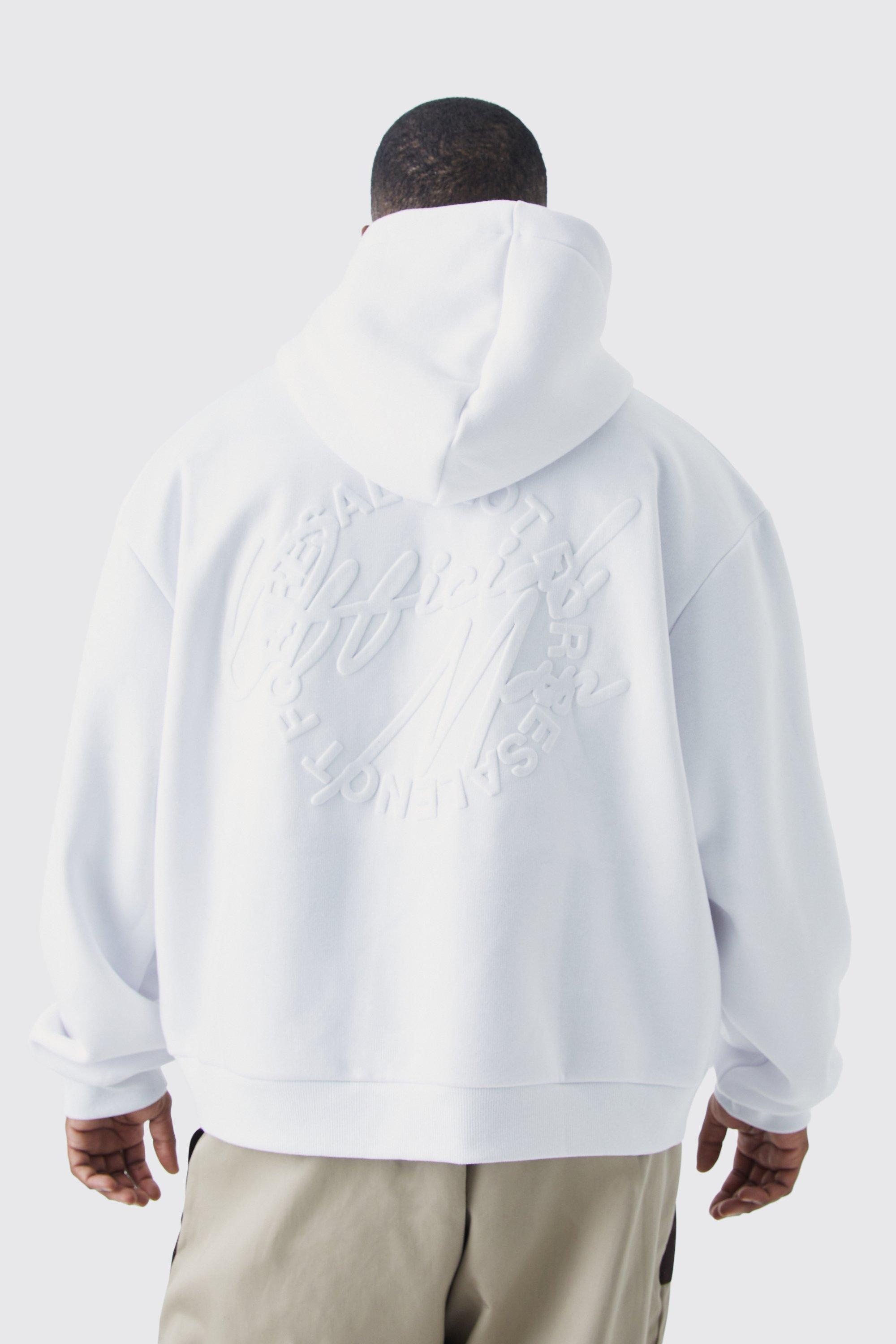 Mens White Plus Official Man Oversized Boxy Embossed Hoodie, White