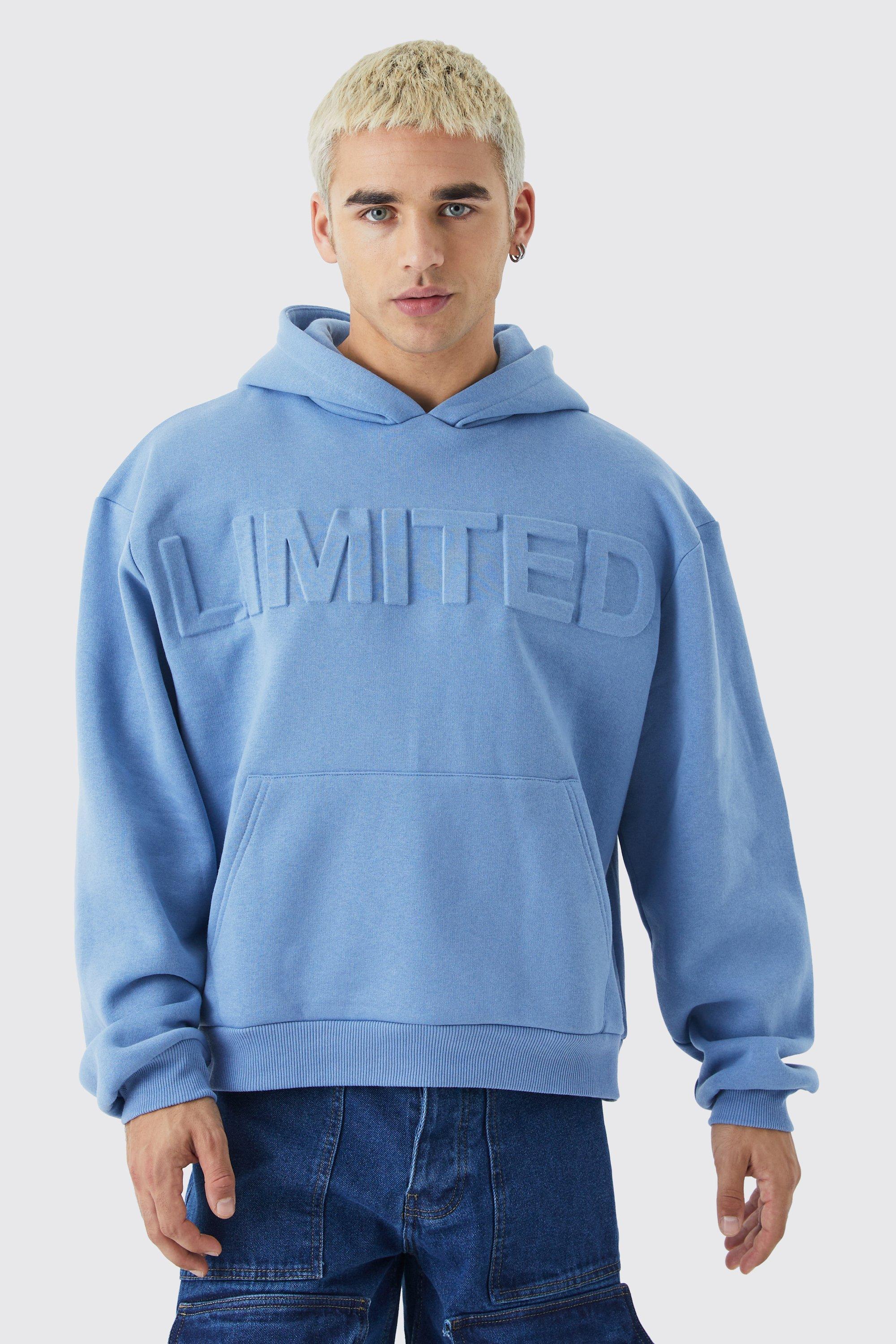 Mens Blue Oversized Boxy Limited Embossed Hoodie, Blue