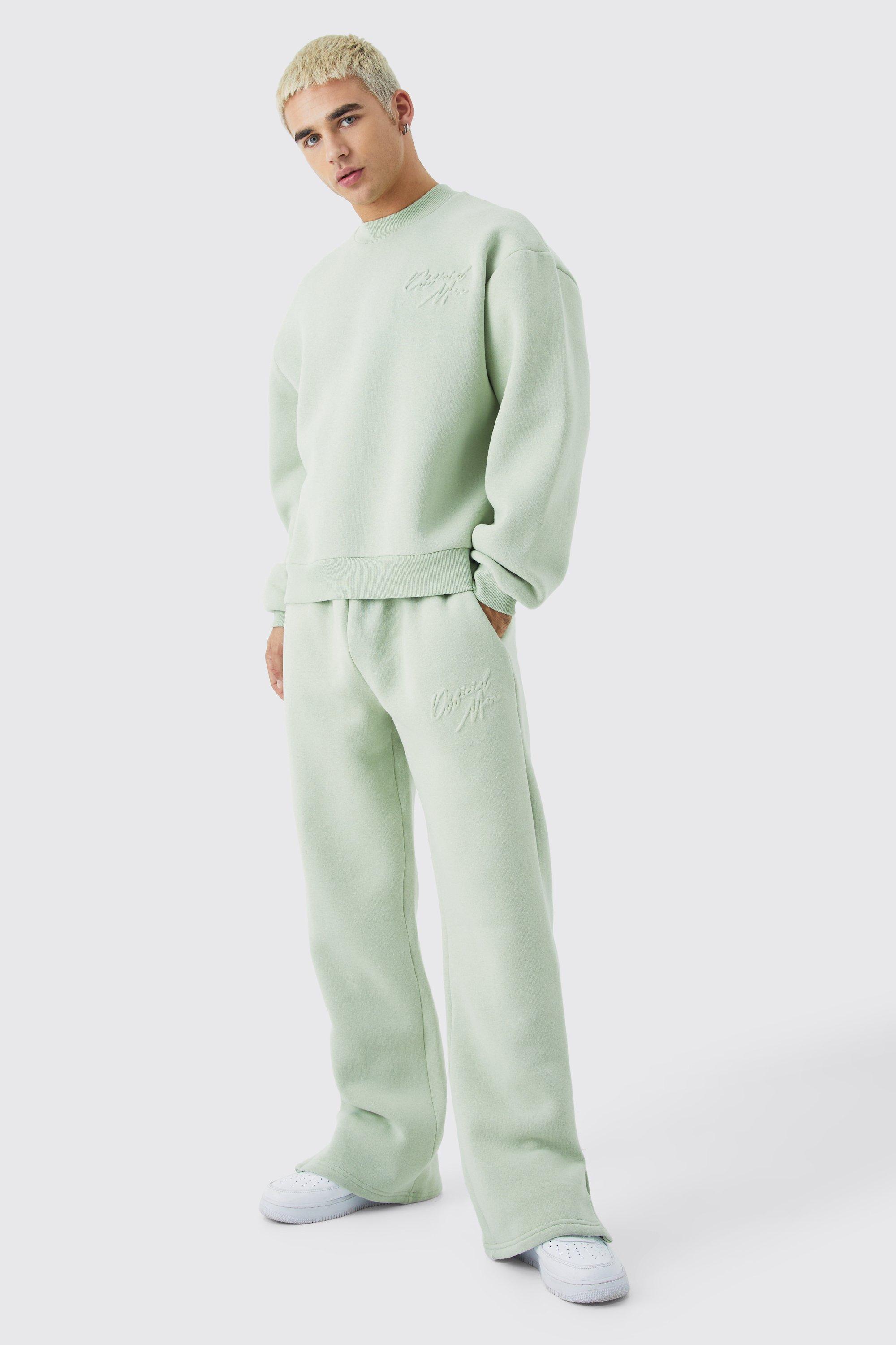 Mens Green Official Oversized Boxy Sweat Embossed Tracksuit, Green