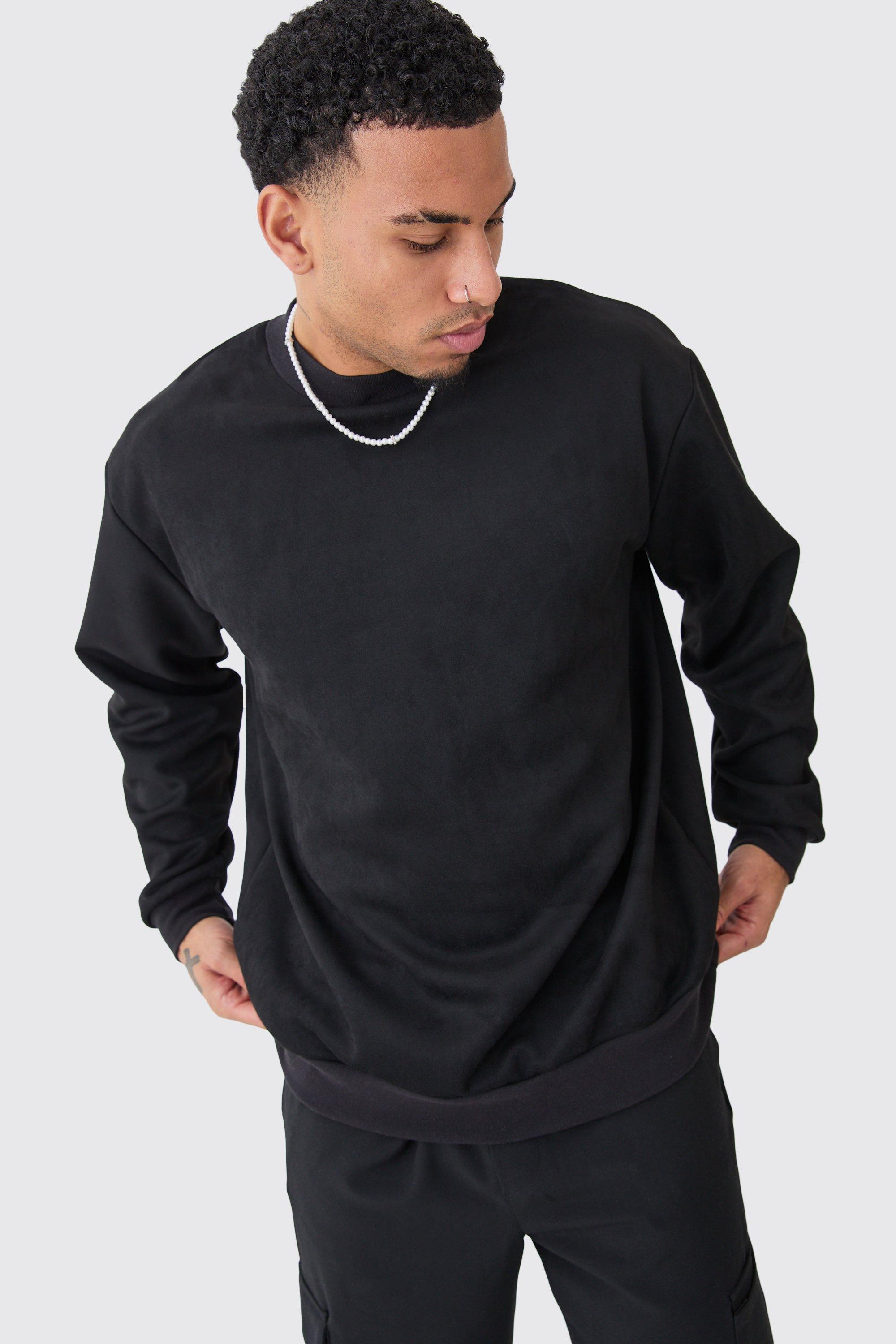 Mens Black Oversized Extended Neck Faux Suede Sweatshirt, Black