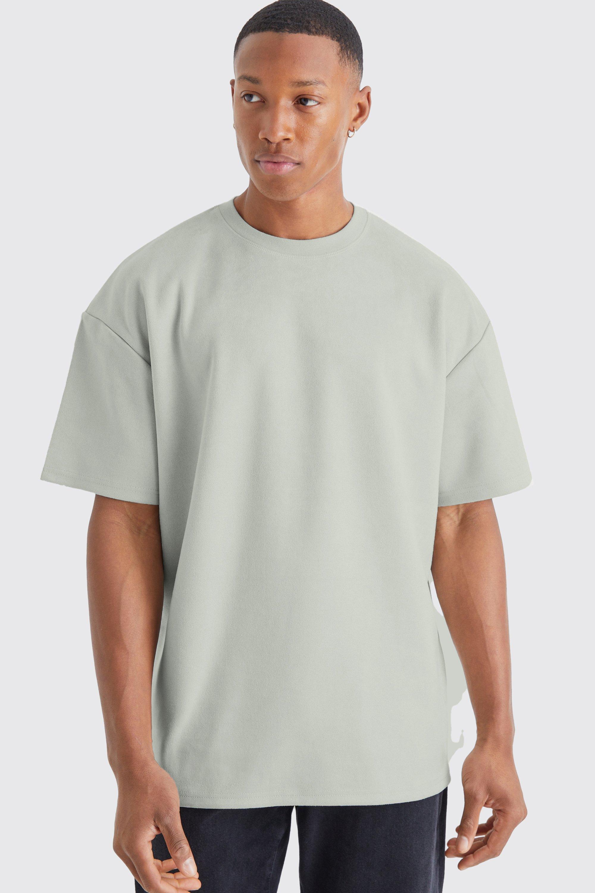 Mens Green Oversized Faux Suede Heavyweight T-shirt, Green