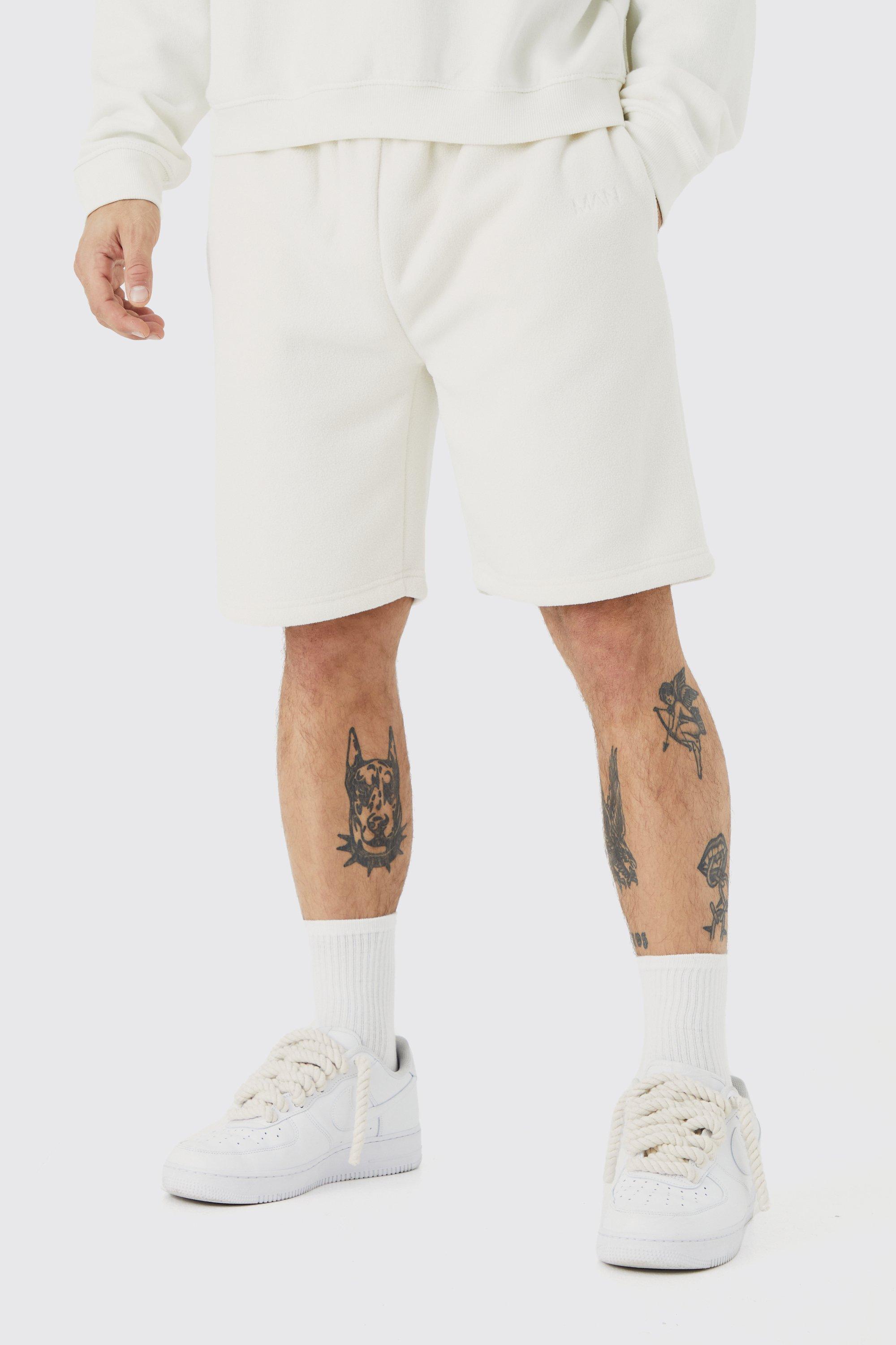 Mens White Loose Mid Length Bonded Microfleece Shorts, White
