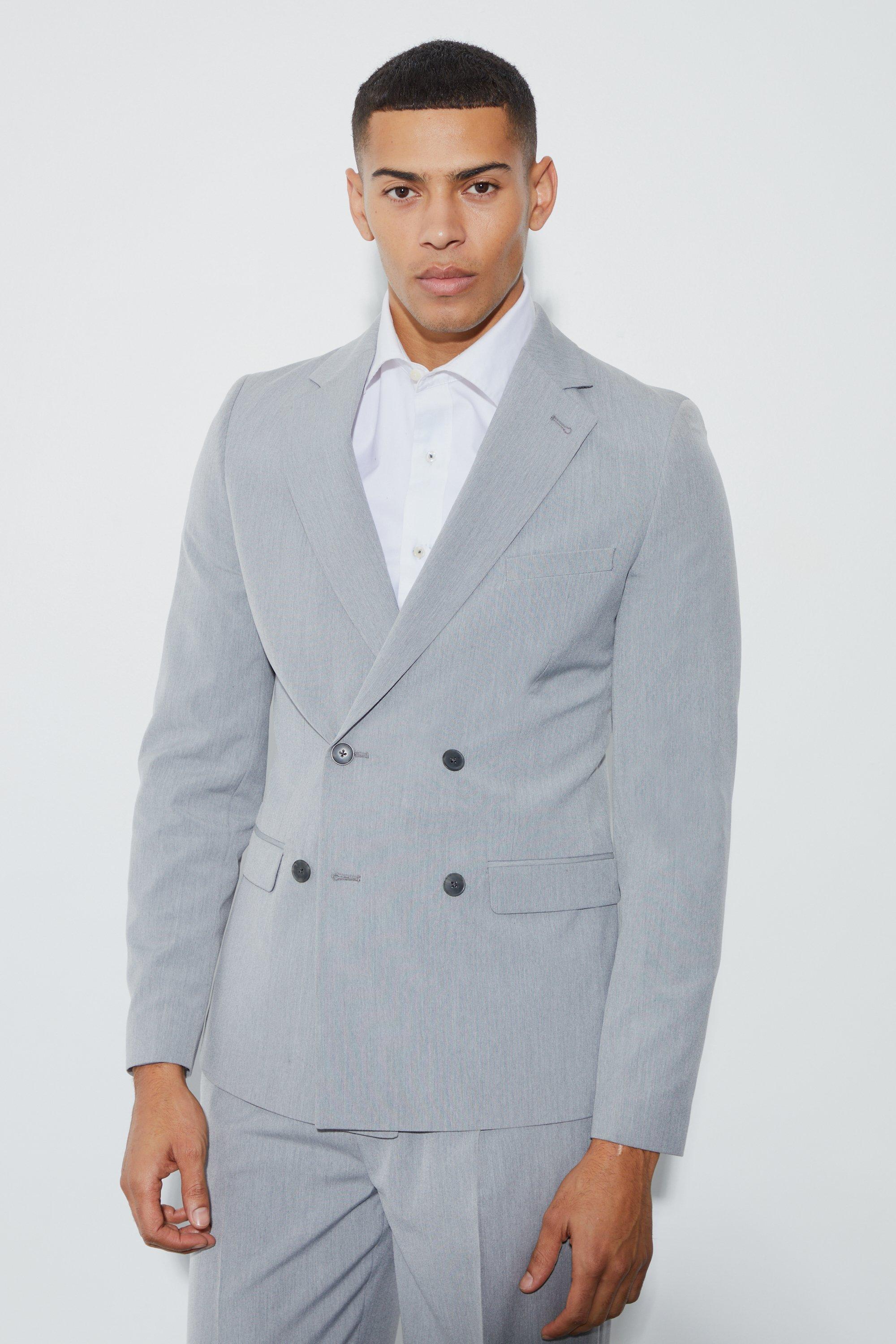 Mens Grey Super Skinny Double Breasted Suit Jacket, Grey
