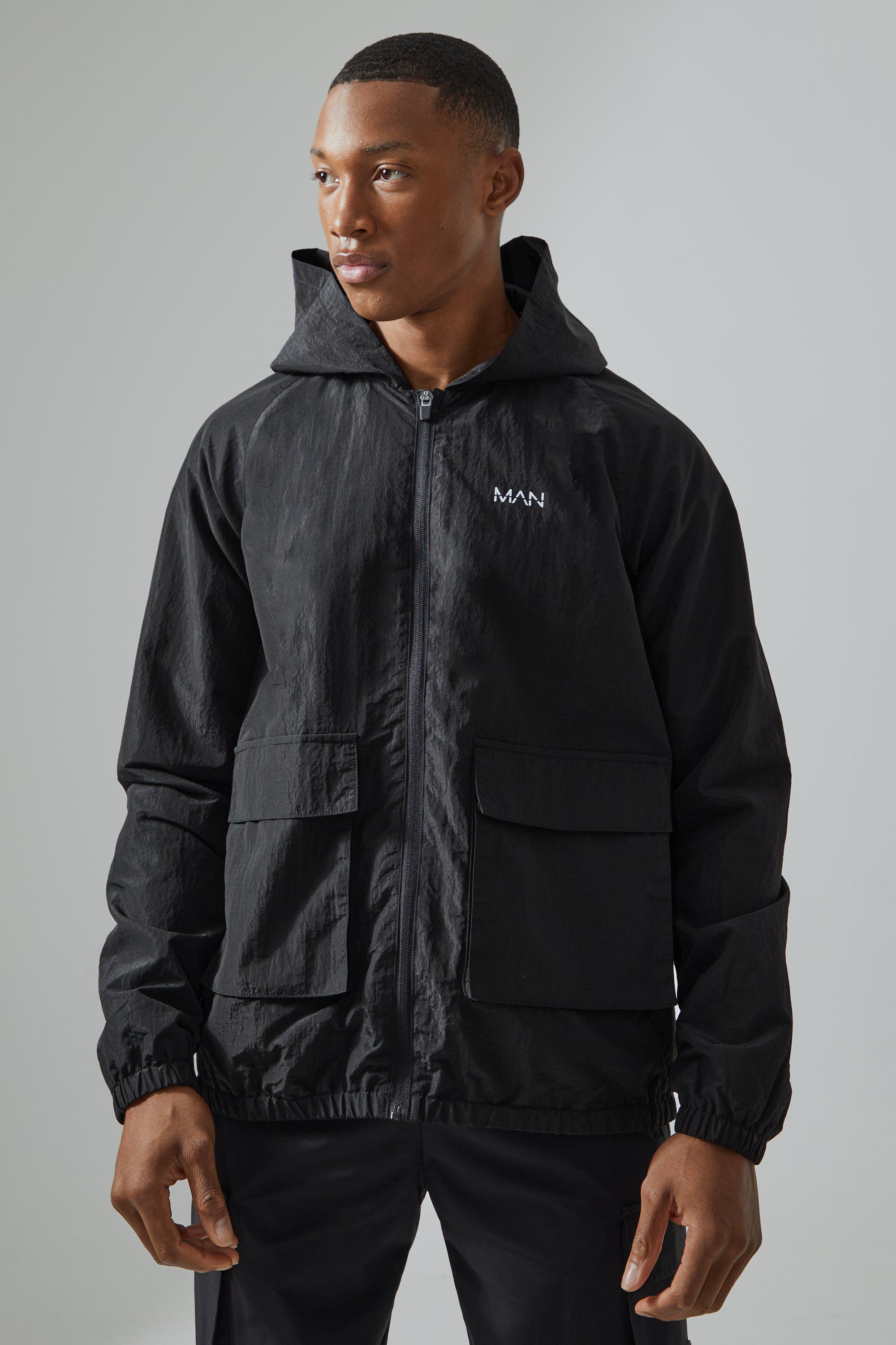 Mens Black Man Active Ripstop Nylon Utility Windbreaker, Black
