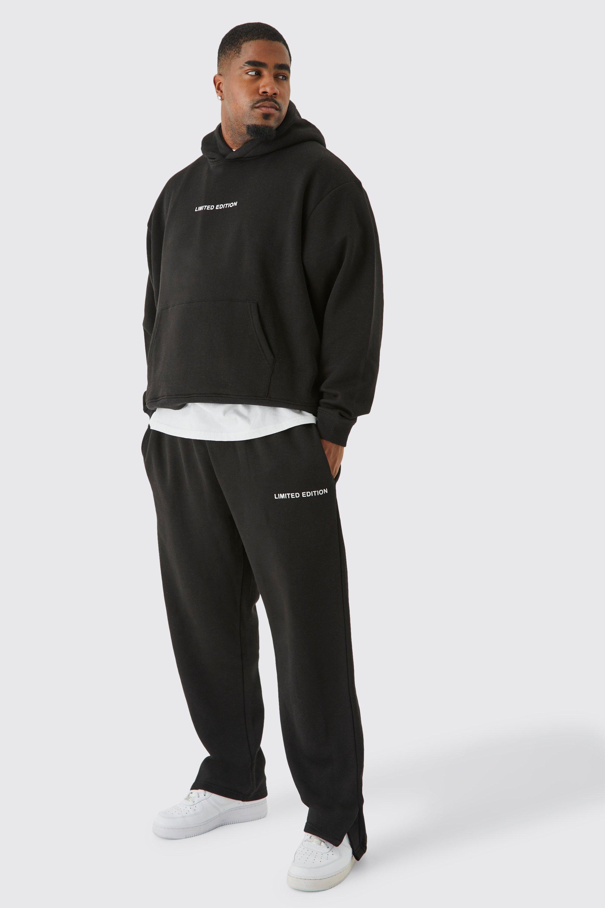 Mens Black Plus Oversized Boxy Split Hem Tracksuit, Black