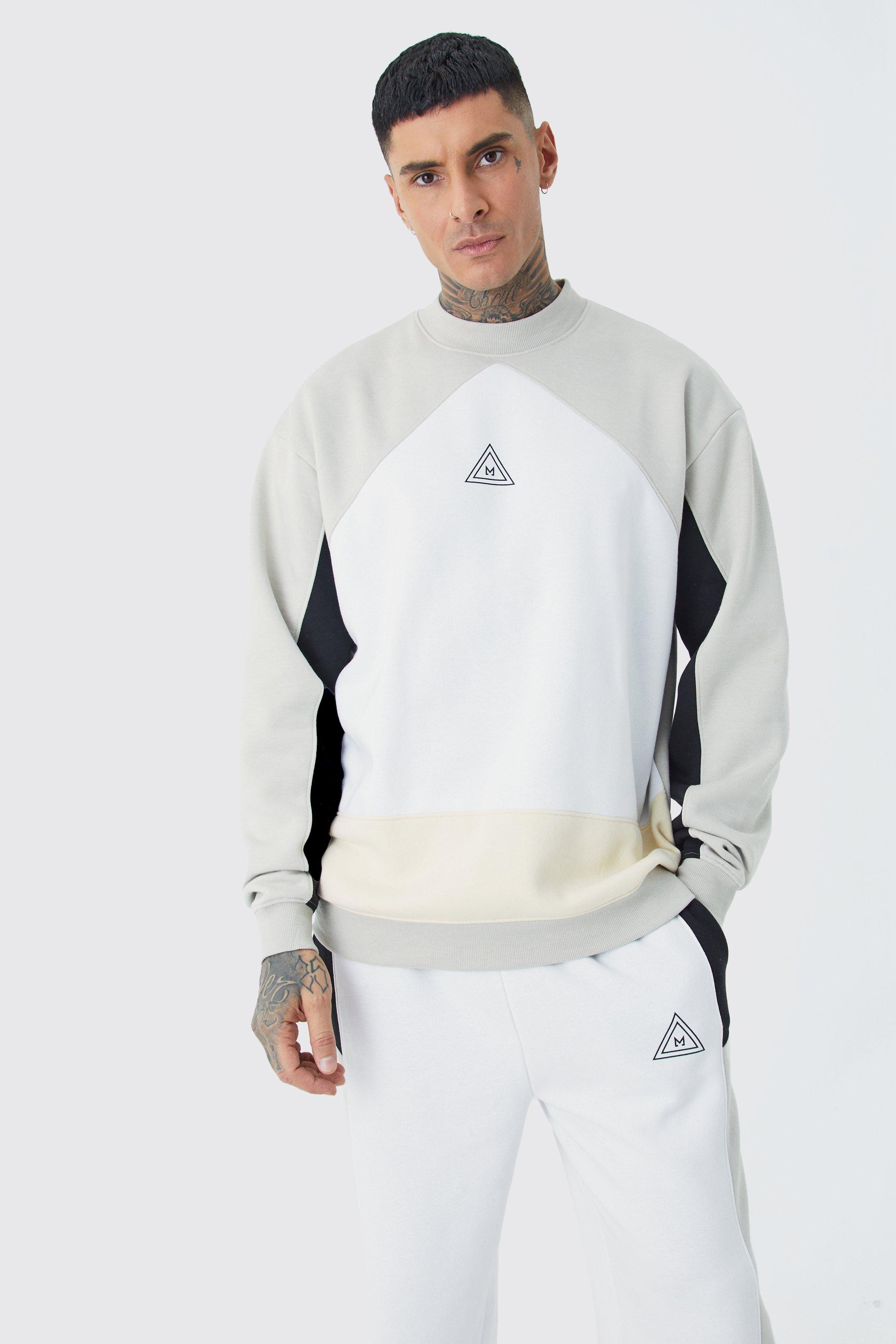 Mens White Tall Oversized Colour Block Sweatshirt Tracksuit, White