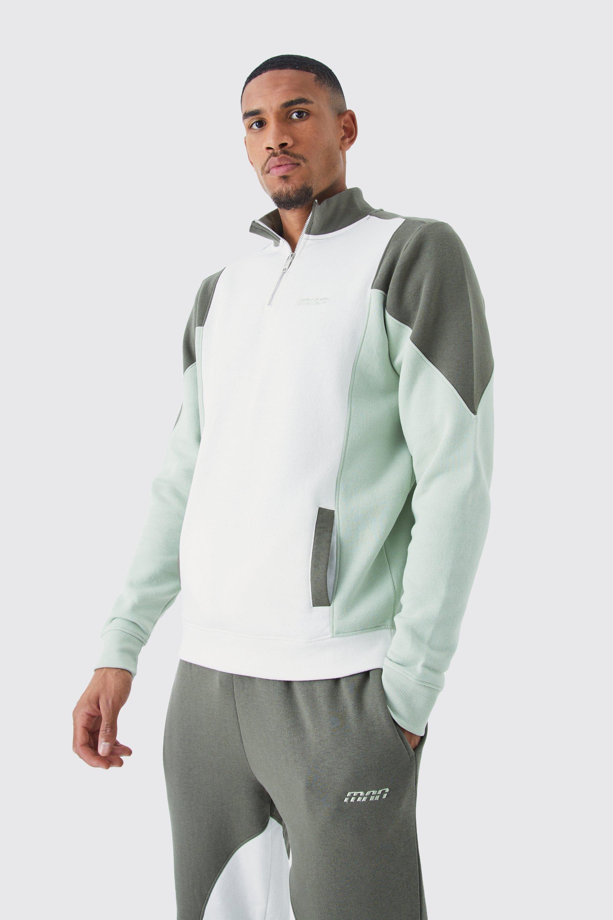 Mens Green Tall Colour Block Funnel Neck Tracksuit, Green