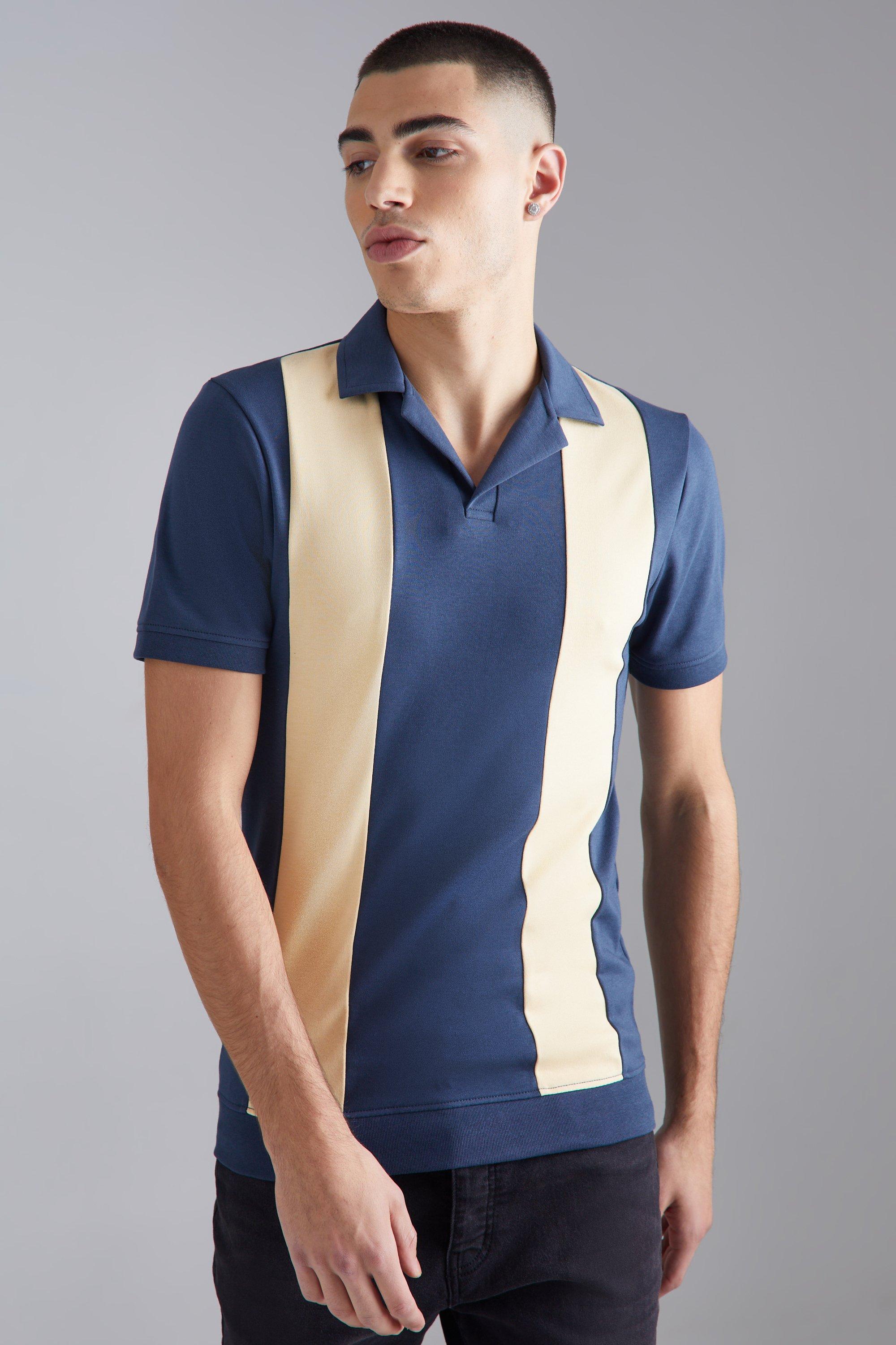 Mens Navy Muscle Fit Colour Block Interlock Polo, Navy