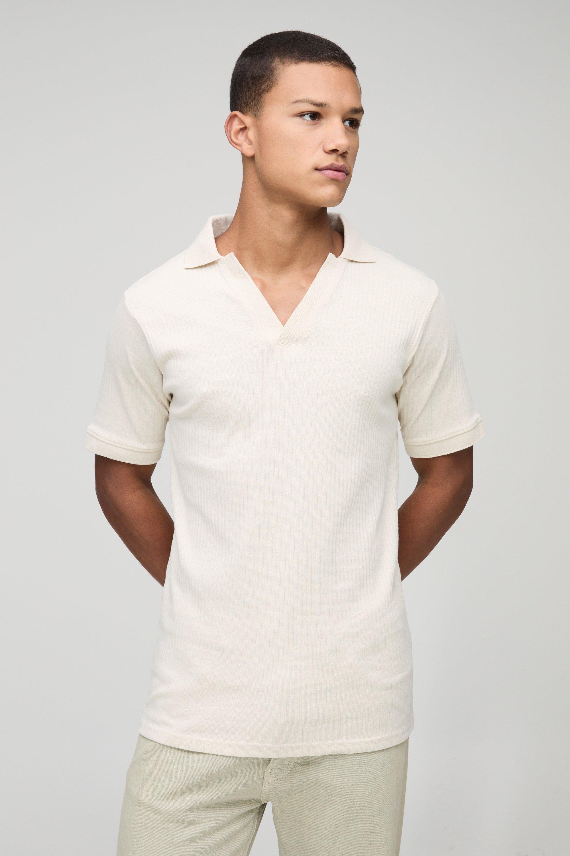 Polo Slim Fit a coste con rever, Cream