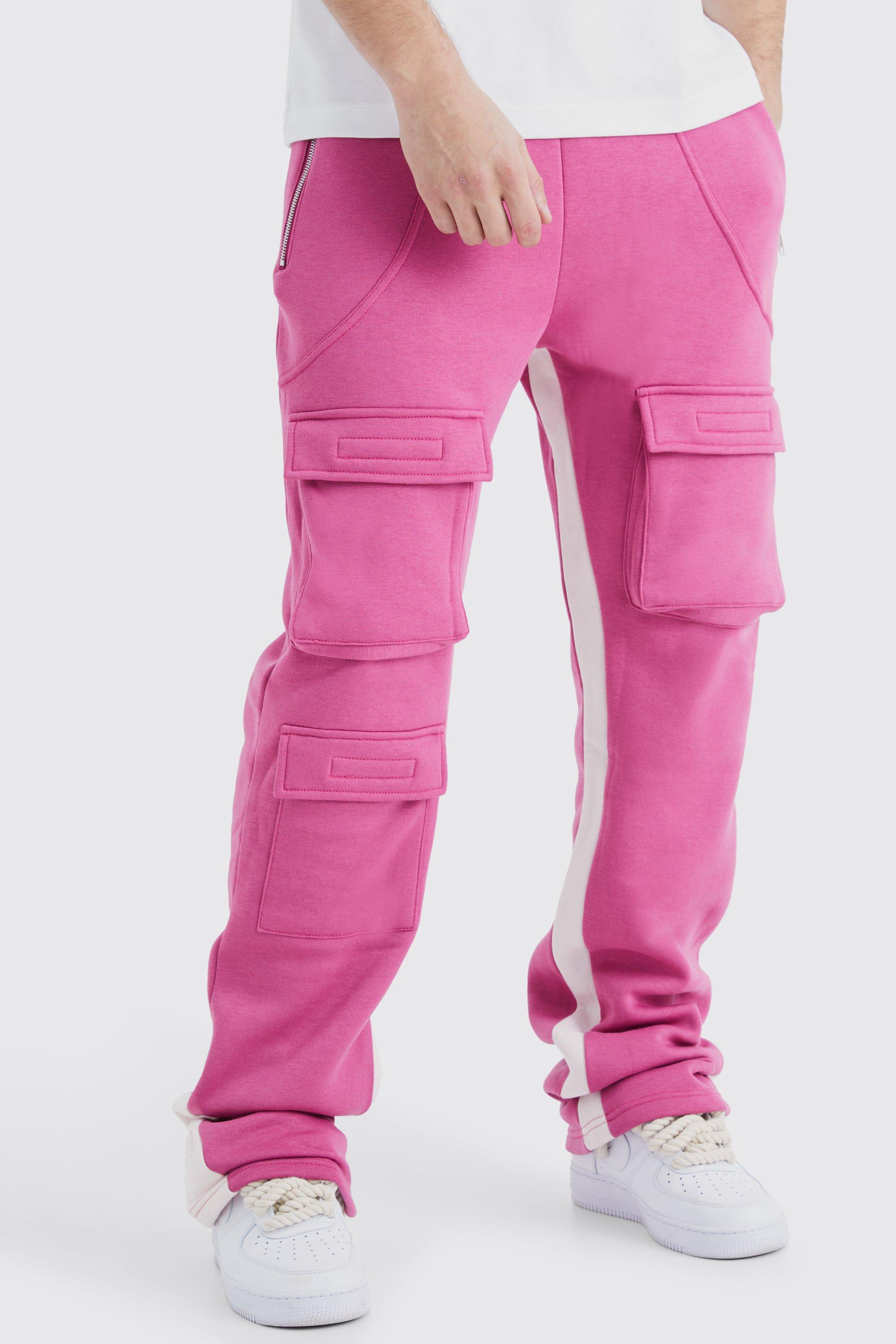 Mens Pink Tall Stacked Flare Gusset Cargo Jogger, Pink