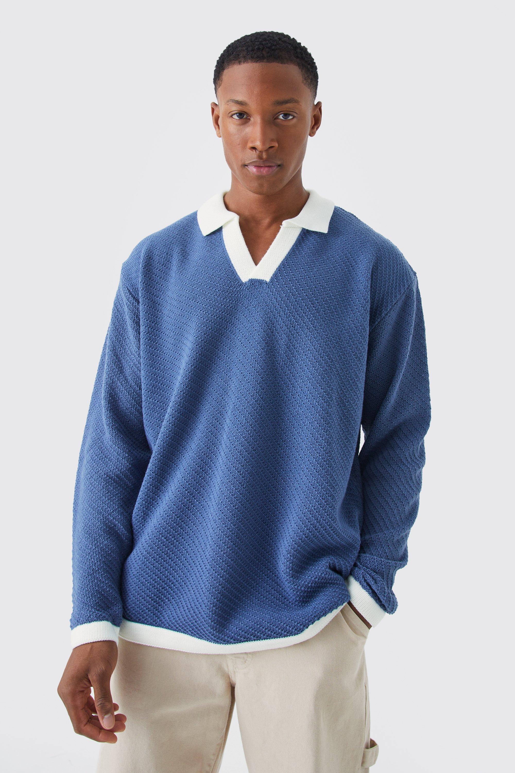 Mens Blue Long Sleeved Oversized Contrast Collar Knitted Polo, Blue