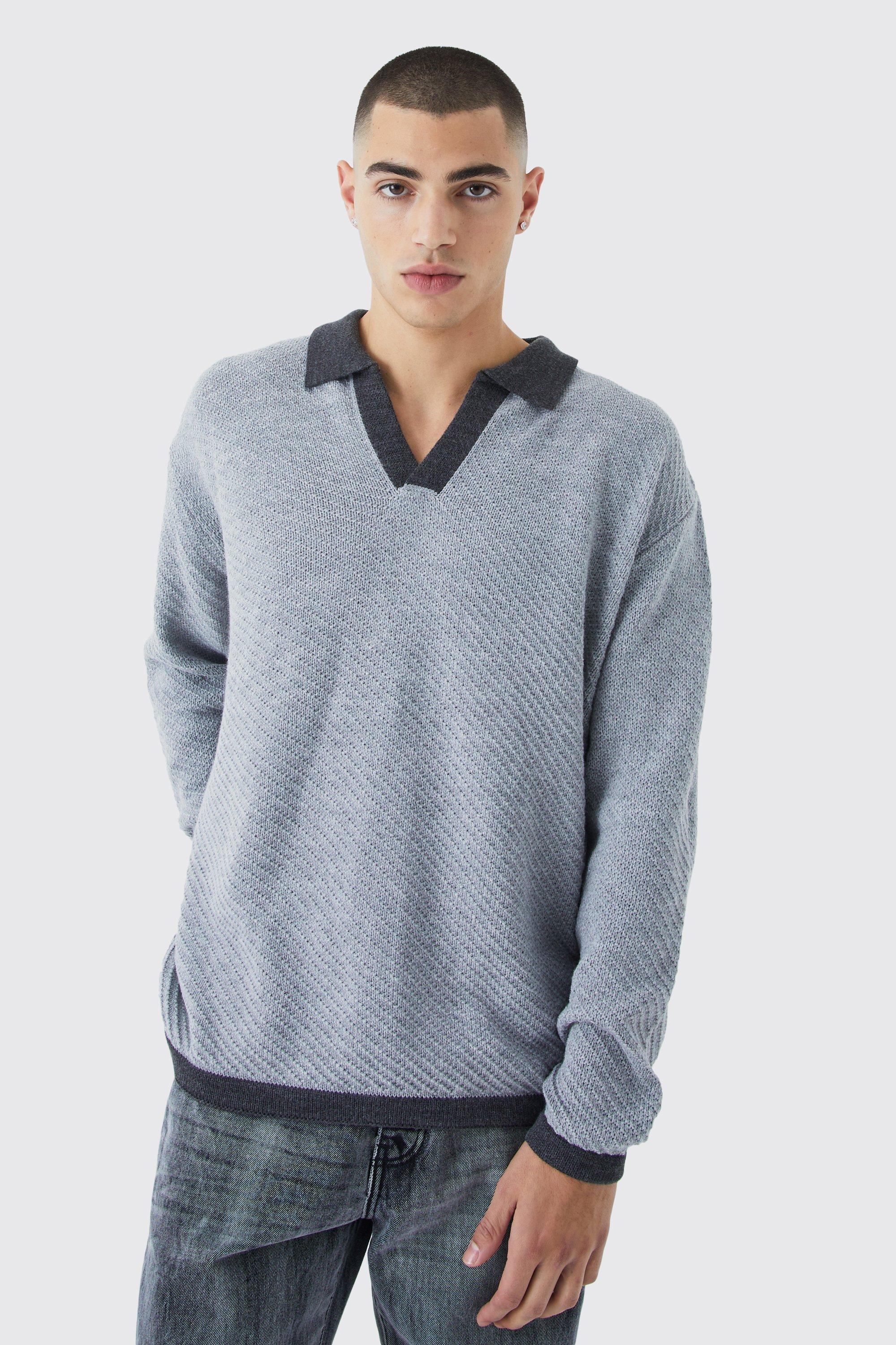 Mens Grey Long Sleeved Oversized Contrast Collar Knitted Polo, Grey