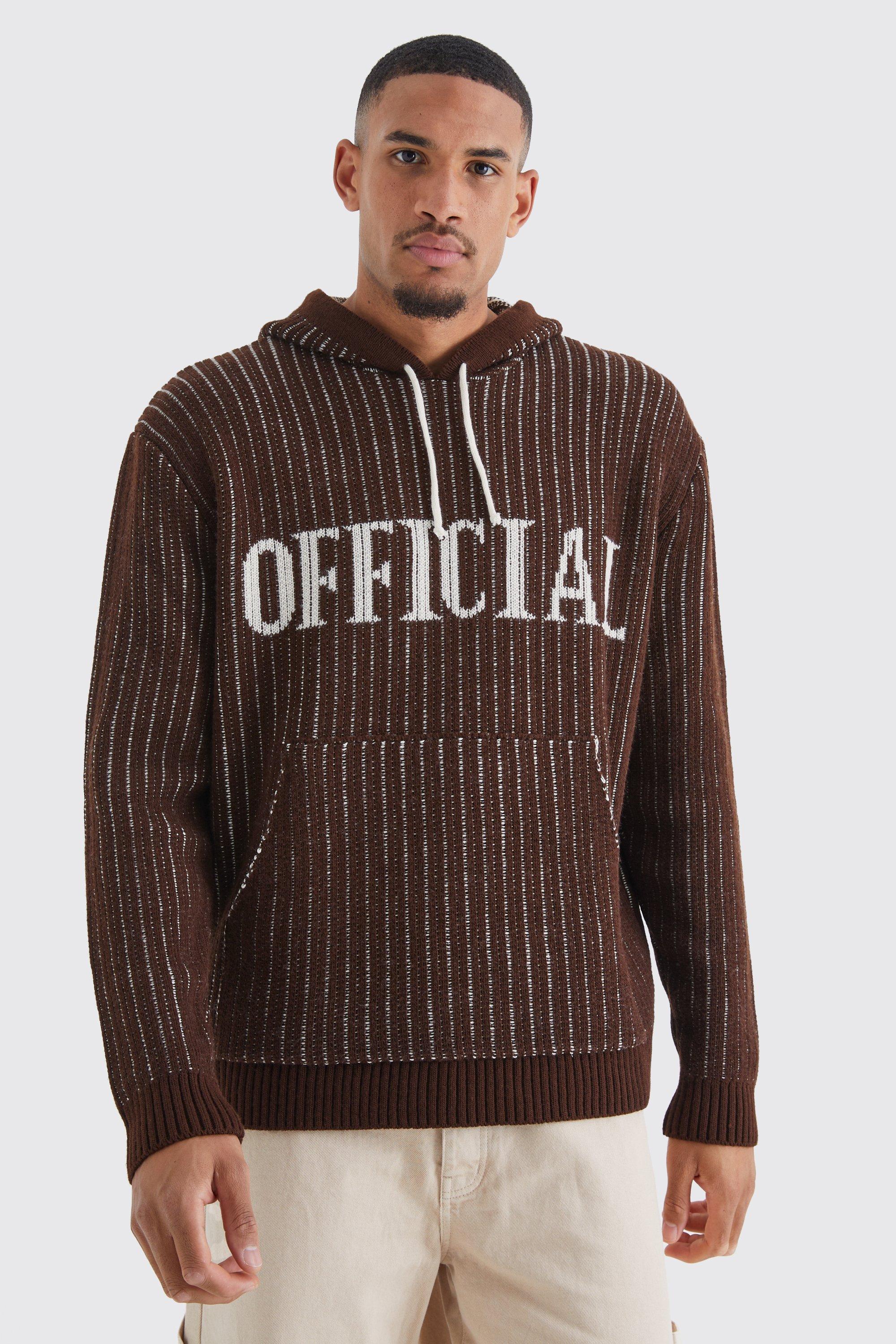 Mens Brown Tall Oversized Ribbed Knit Hoodie, Brown