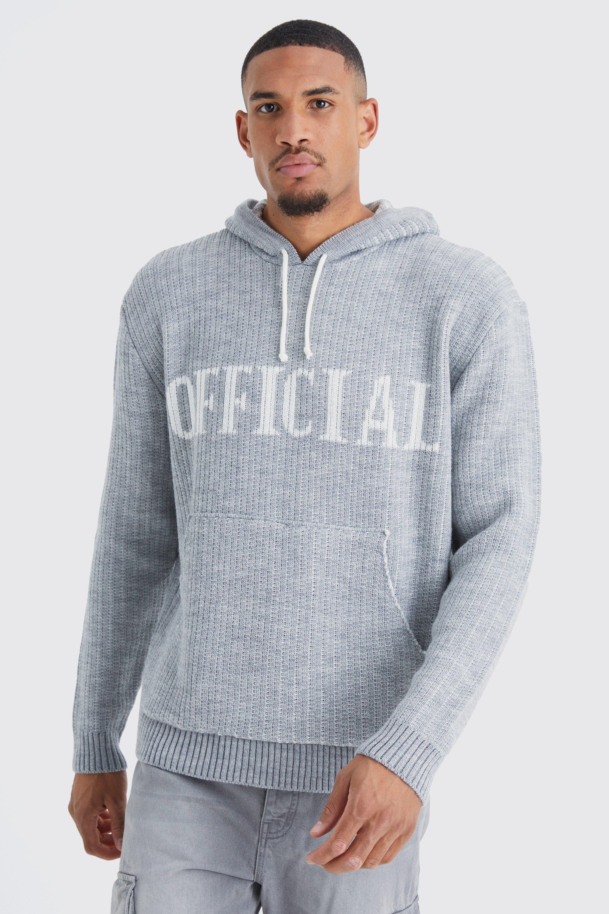 Mens Grey Tall Oversized Ribbed Knit Hoodie, Grey