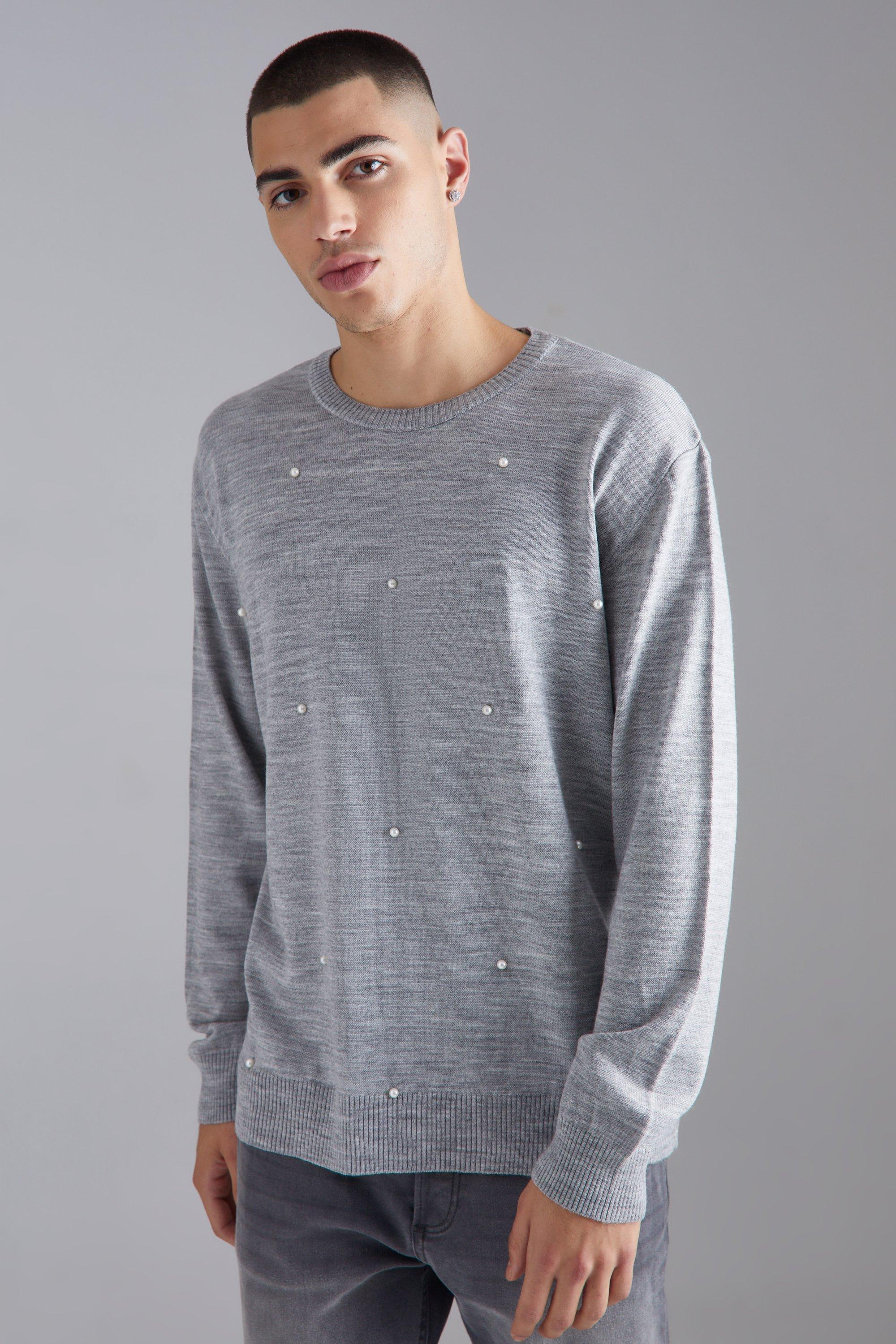 Mens Grey Relaxed All Over Pearl Embellished Knit Jumper, Grey
