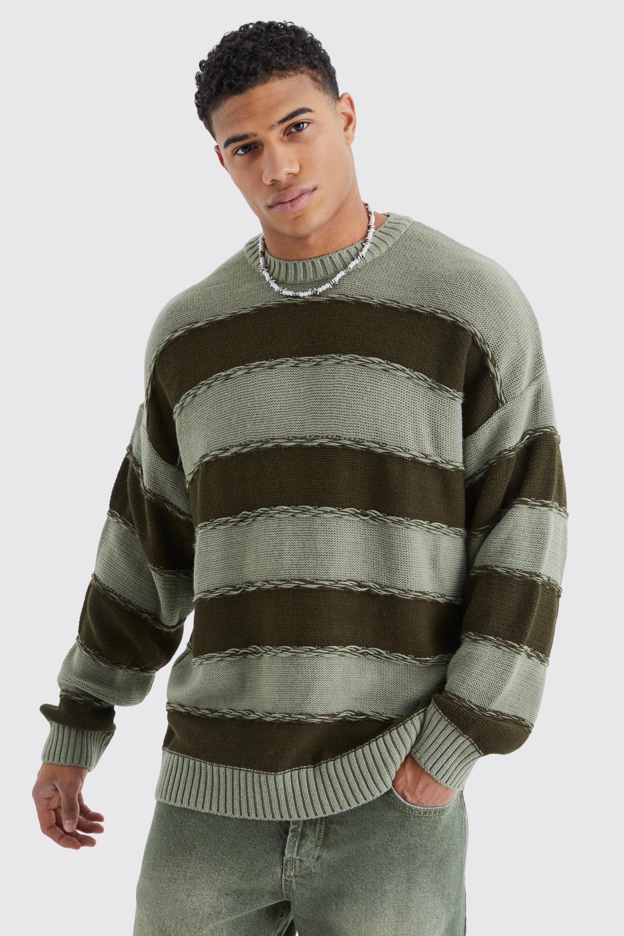 Mens Green Oversized 2 Tone Stripe Knit Jumper, Green