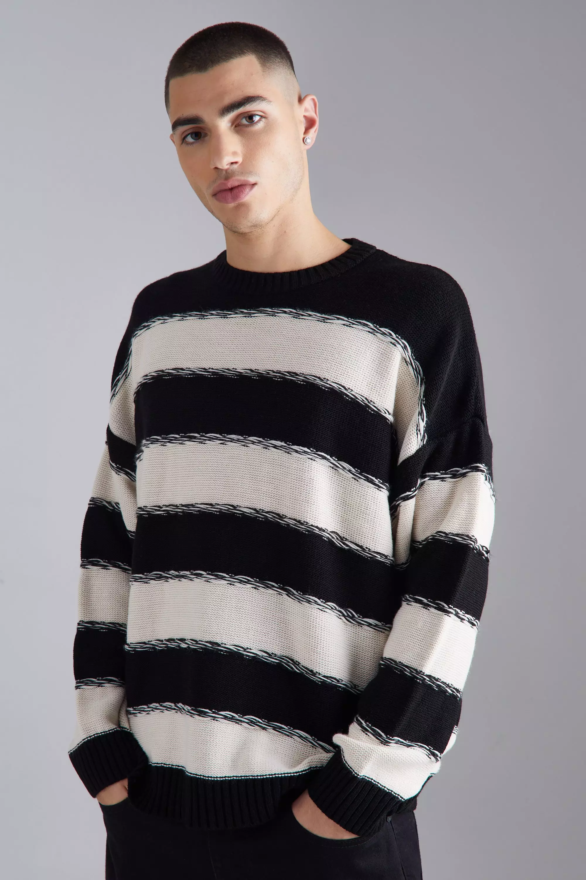 Oversized 2 Tone Stripe Knit Jumper | boohooMAN UK