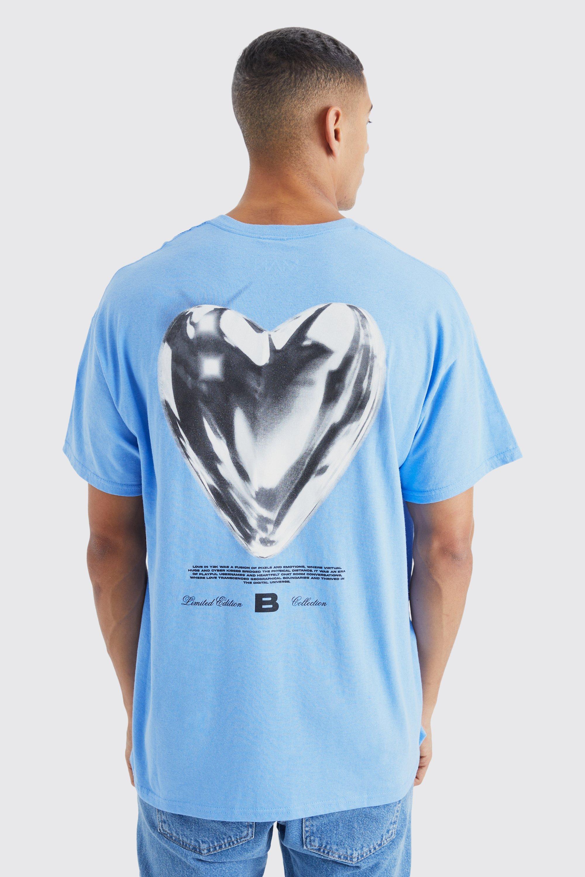 Mens Blue Oversized Heart Graphic T-shirt, Blue