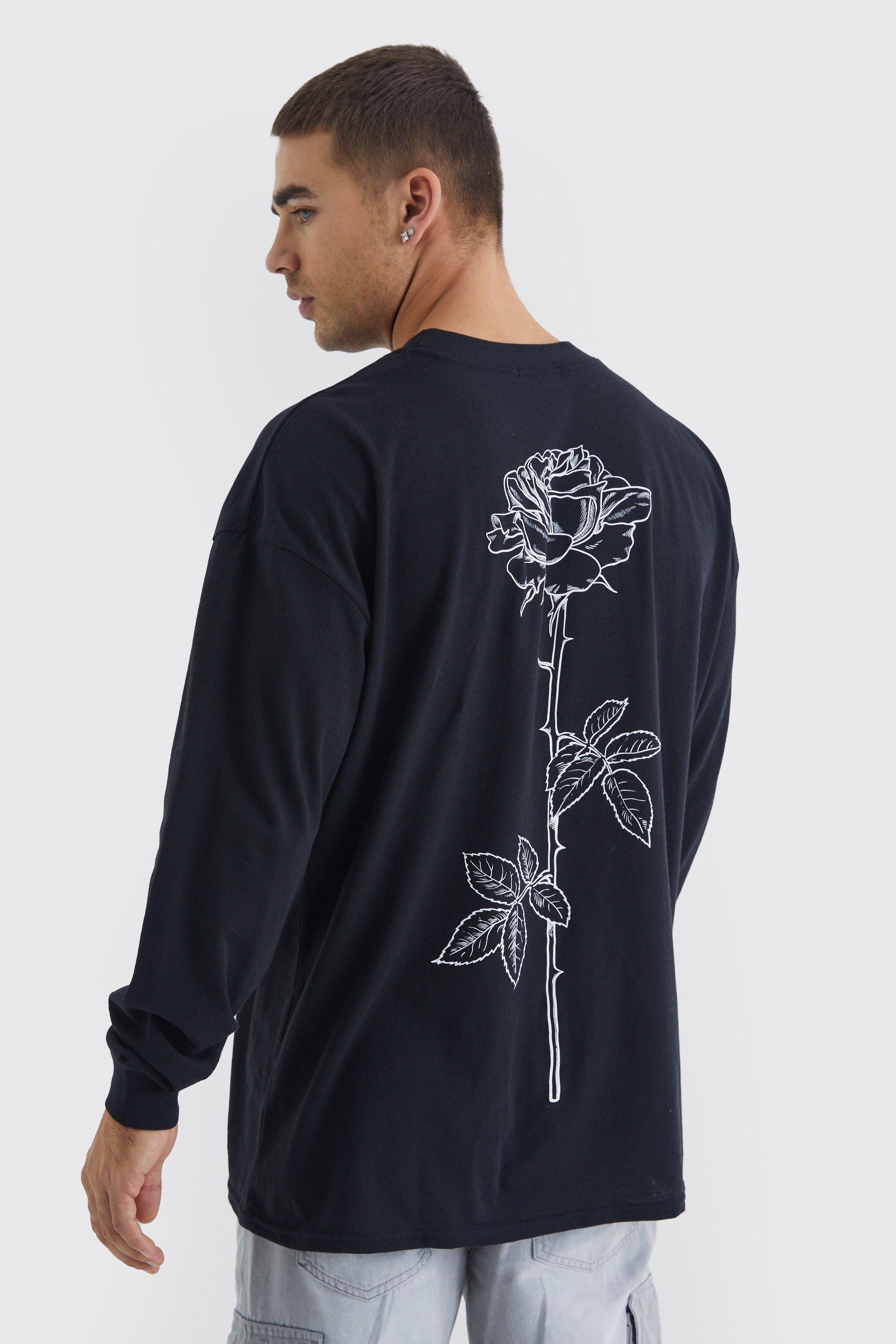 Mens Black Long Sleeve Line Drawn Rose Print T-shirt, Black