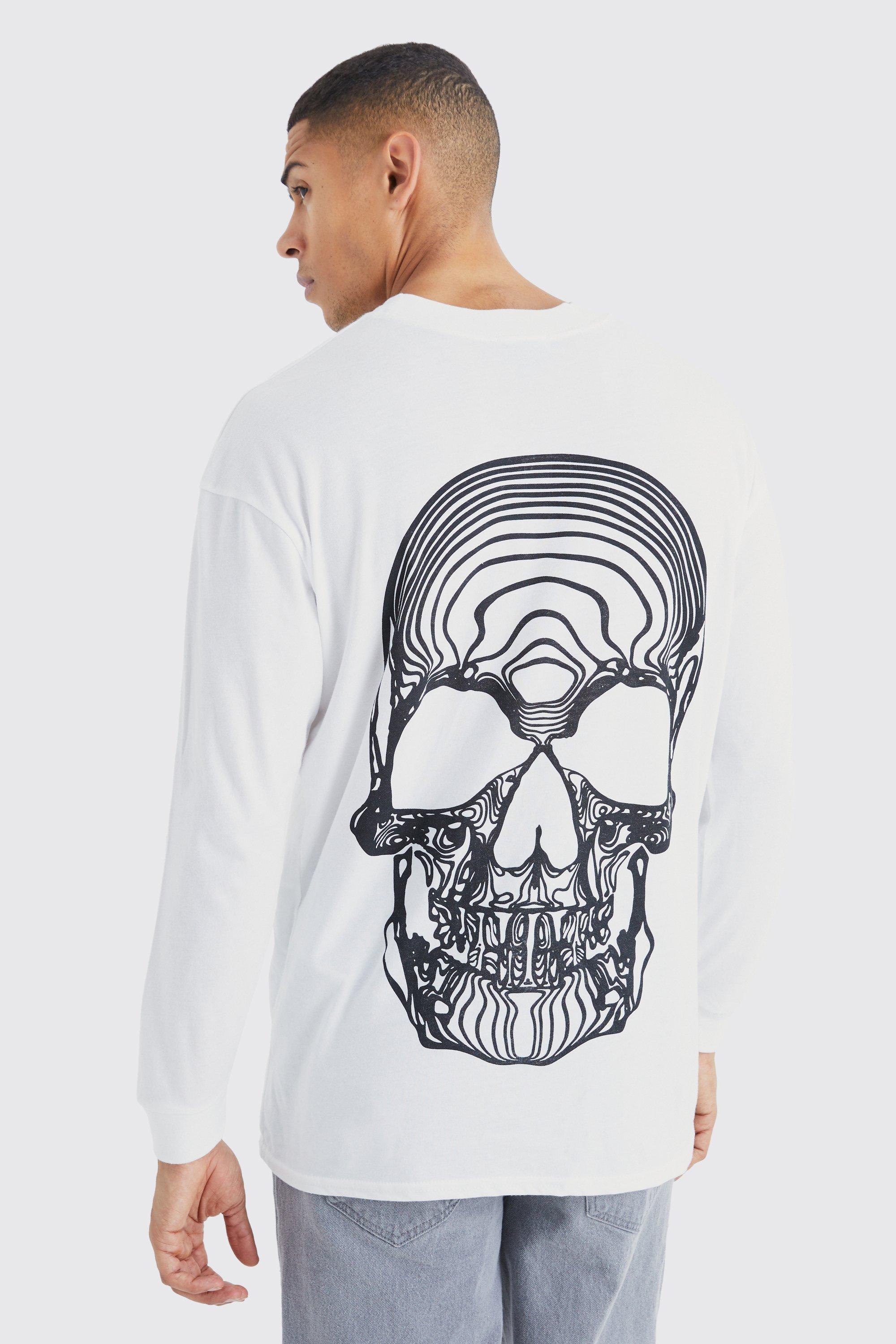 Mens White Oversized Long Sleeve Skull Graphic T-shirt, White