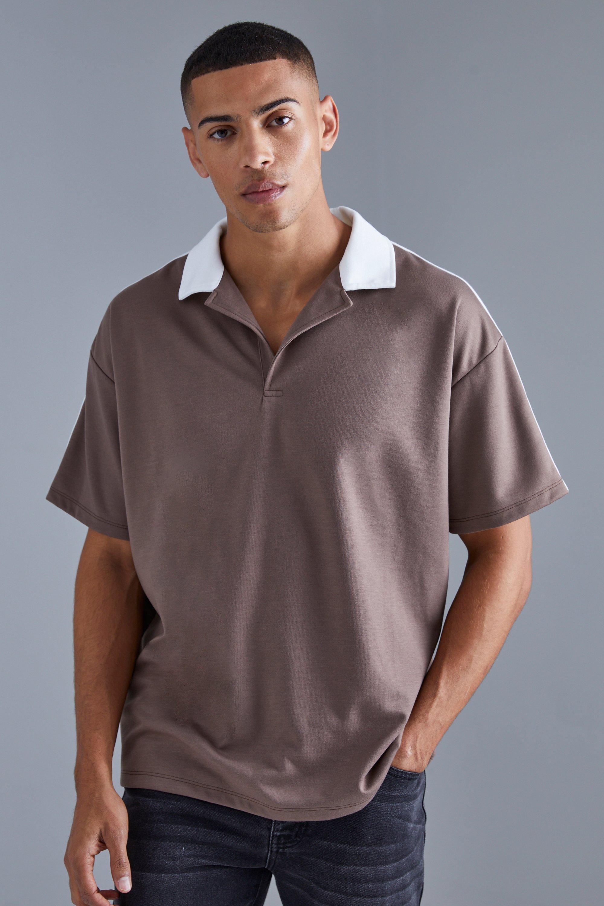 Mens Brown Oversized Revere Taped Polo, Brown