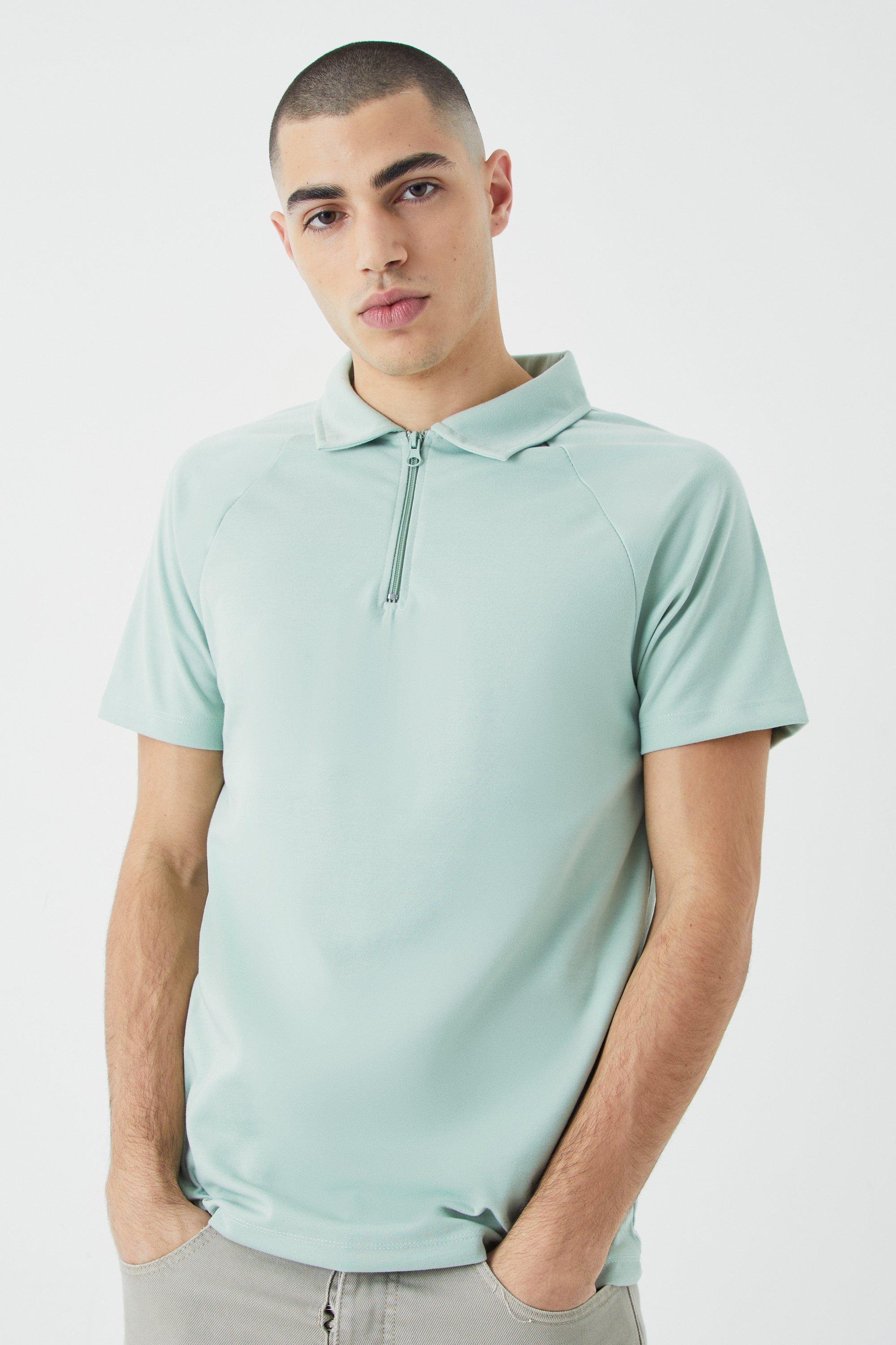 Mens Green Slim Raglan Zip Neck Interlock Polo, Green