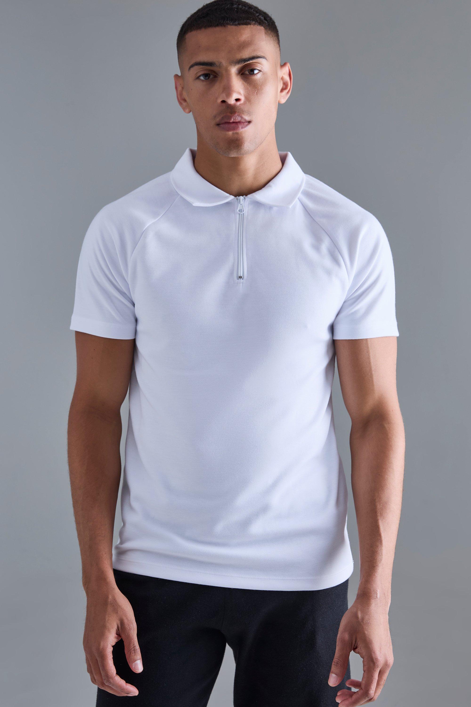 Image of Polo Slim Fit con maniche raglan e zip sul colletto, Bianco