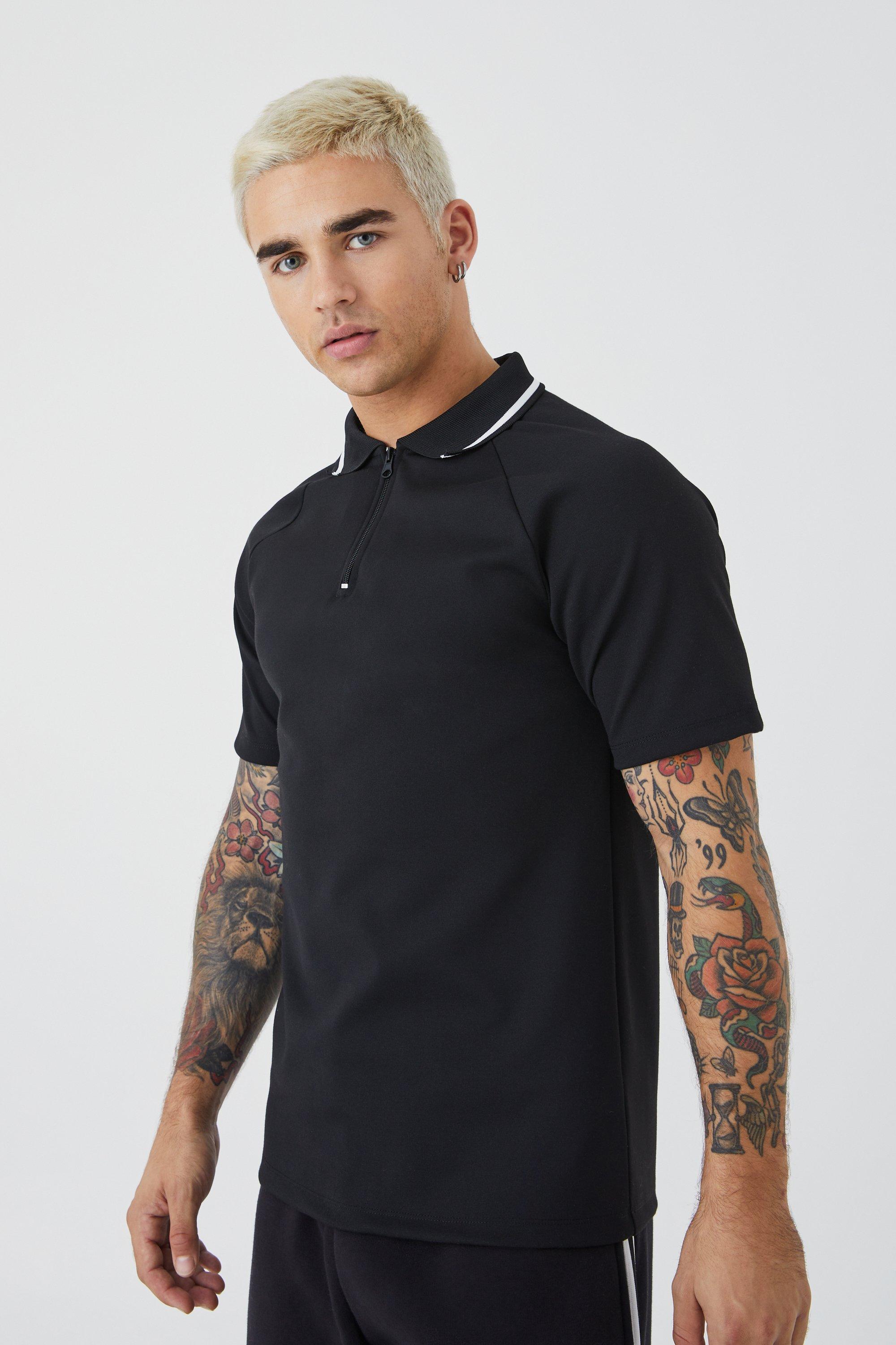 Mens Black Slim Ranglan Colour Block Interlock Polo, Black