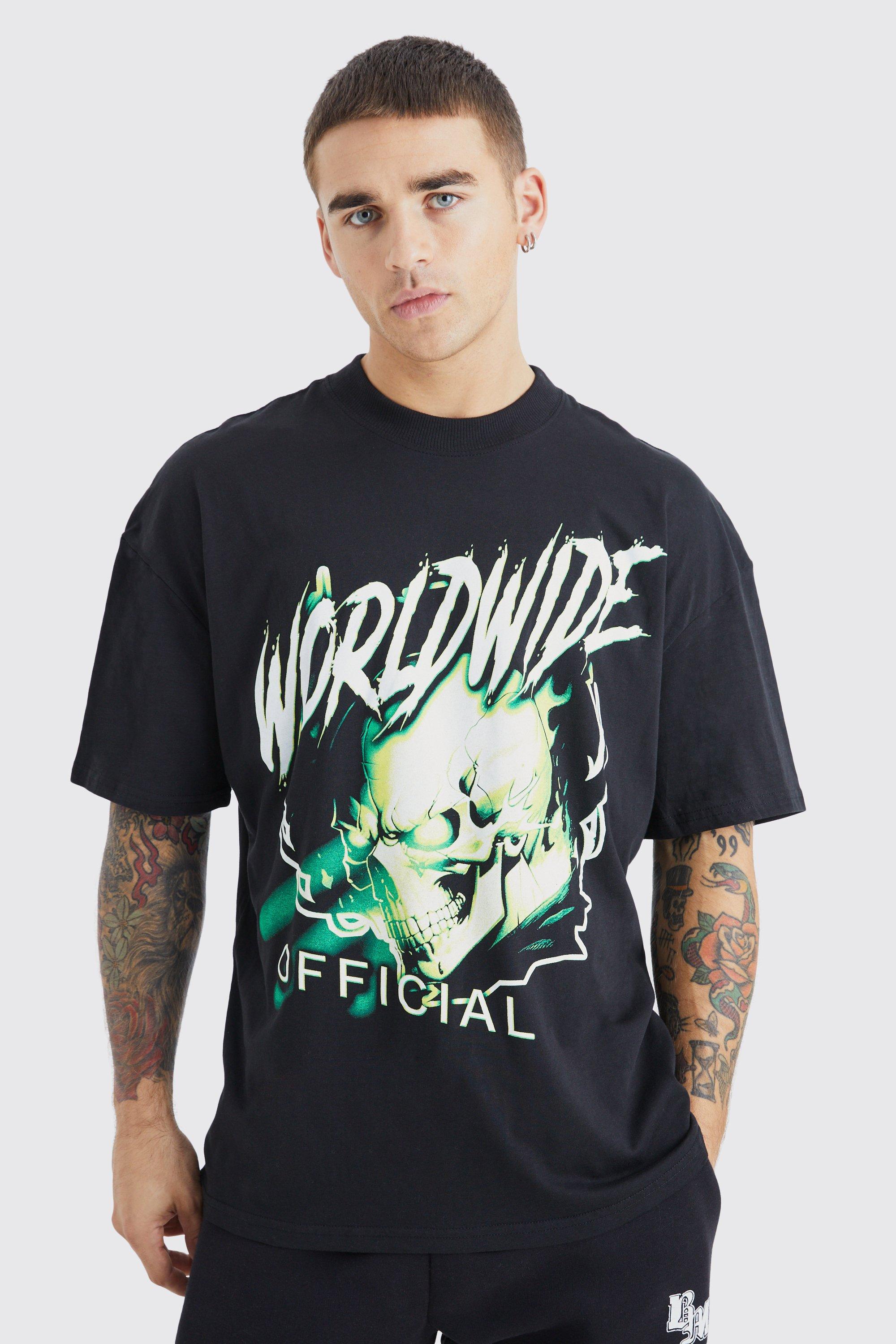 Mens Black Oversized Worldwide Skull Graphic Ex T-shirt, Black