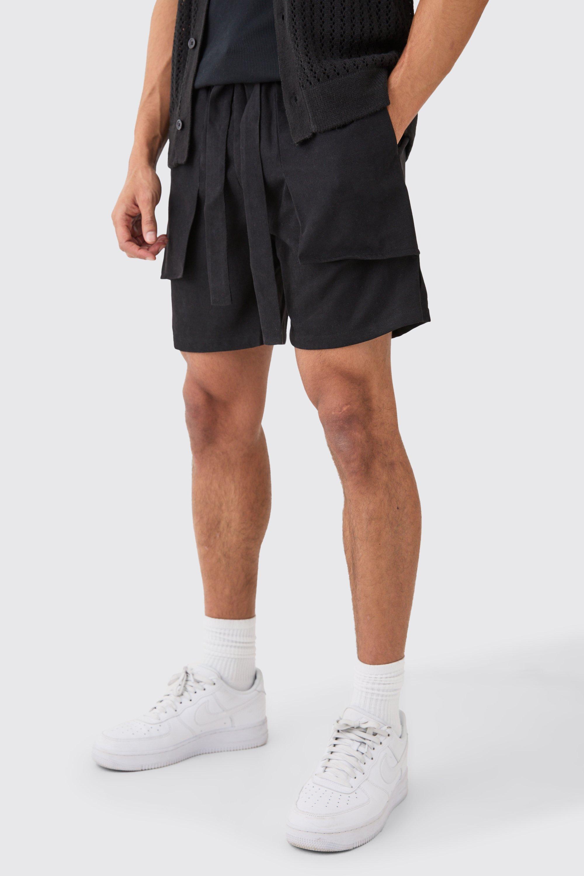 Mens Black Elastic Waist Peached Relaxed Fit Short, Black
