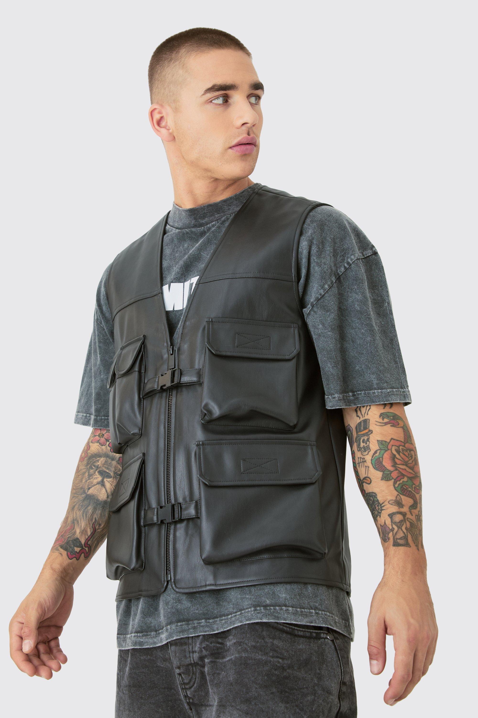 Mens Black Pu Utility Vest, Black