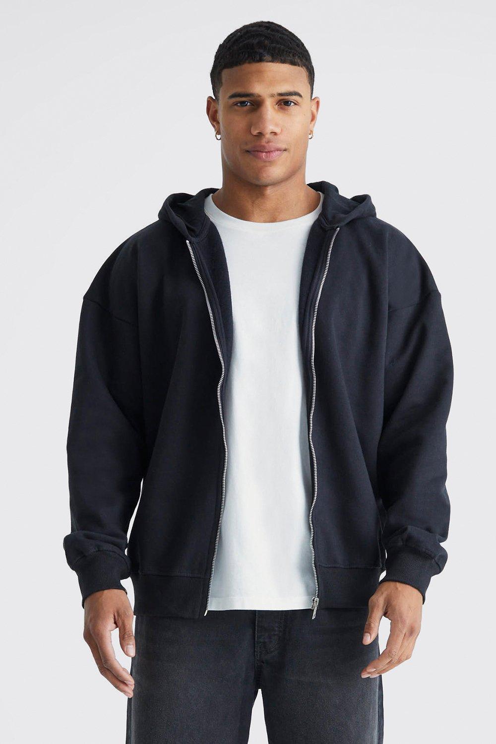 Mens Black Oversized Heavyweight Zip Through Hoodie, Black