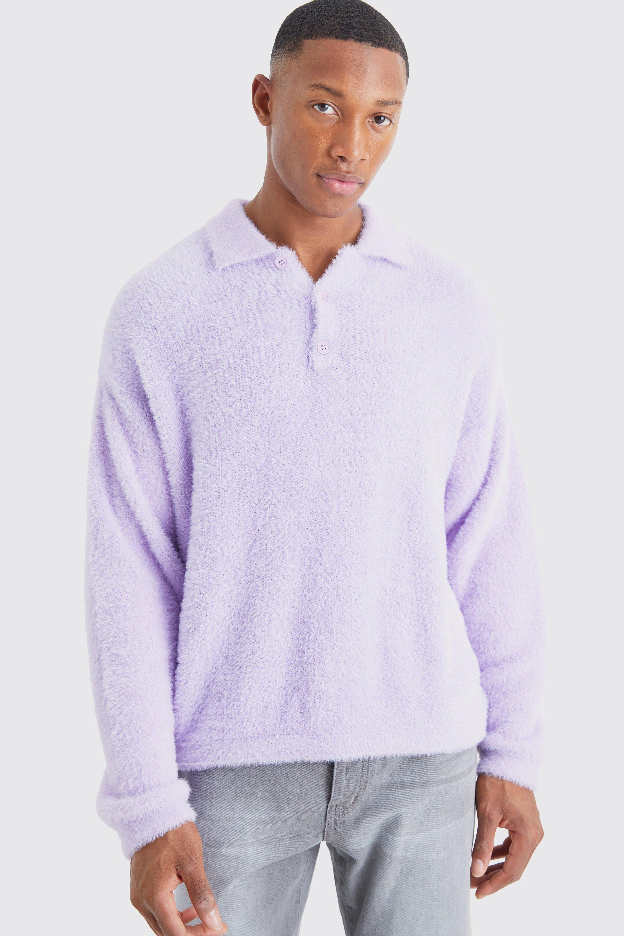 Mens Purple Boxy Fluffy Knitted Polo, Purple