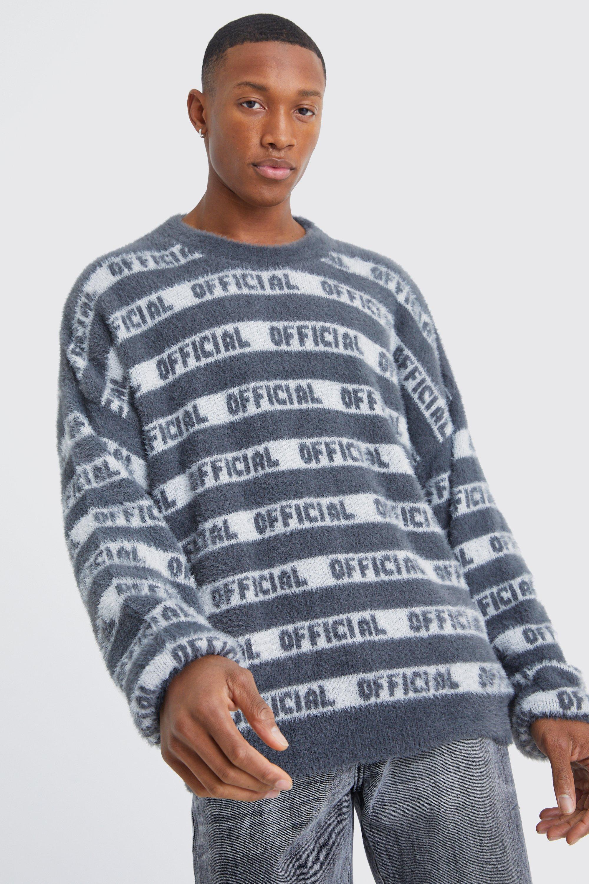 Mens Grey Oversized Fluffy Knitted Official Stripe Jumper, Grey