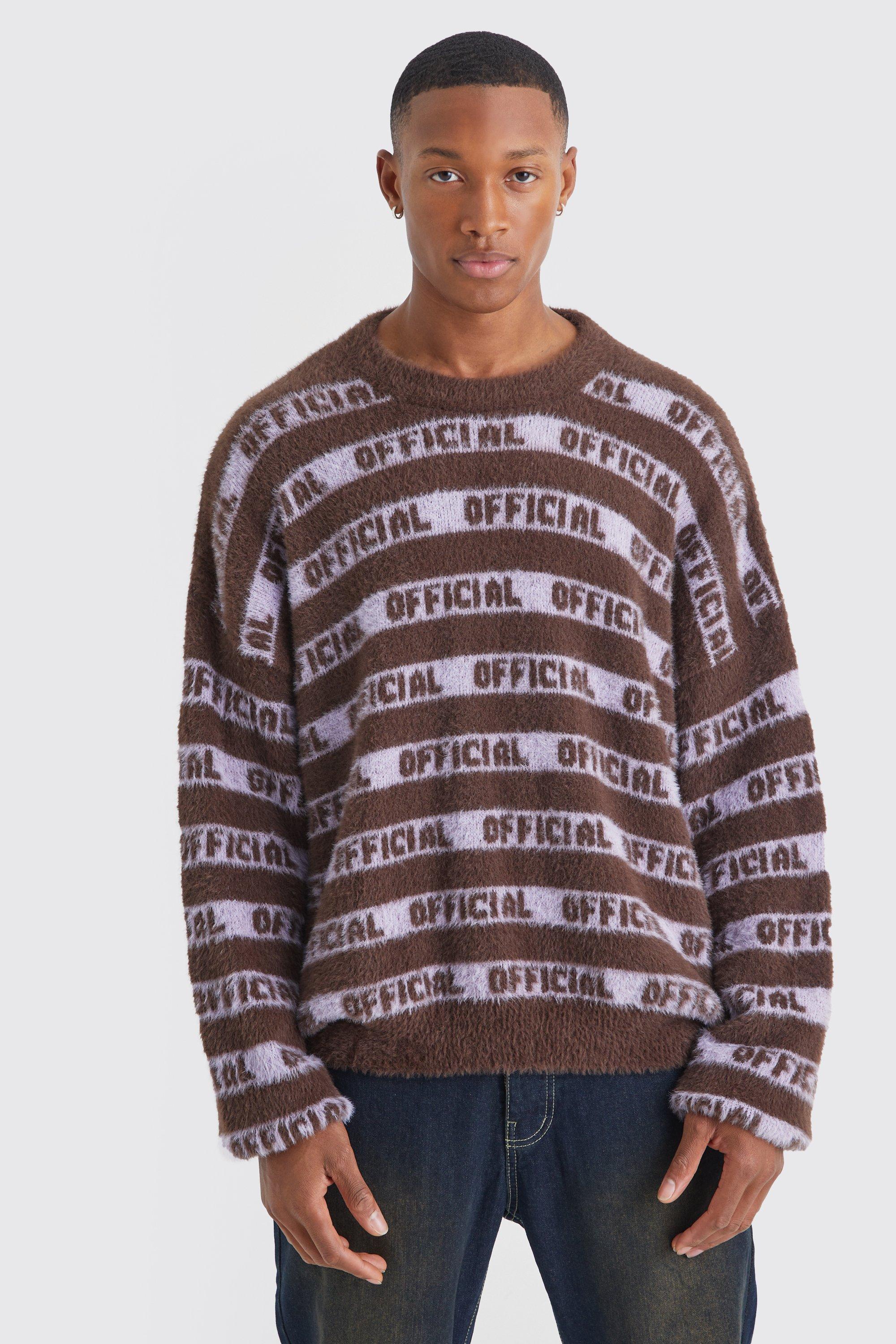 Mens Brown Oversized Fluffy Knitted Official Stripe Jumper, Brown