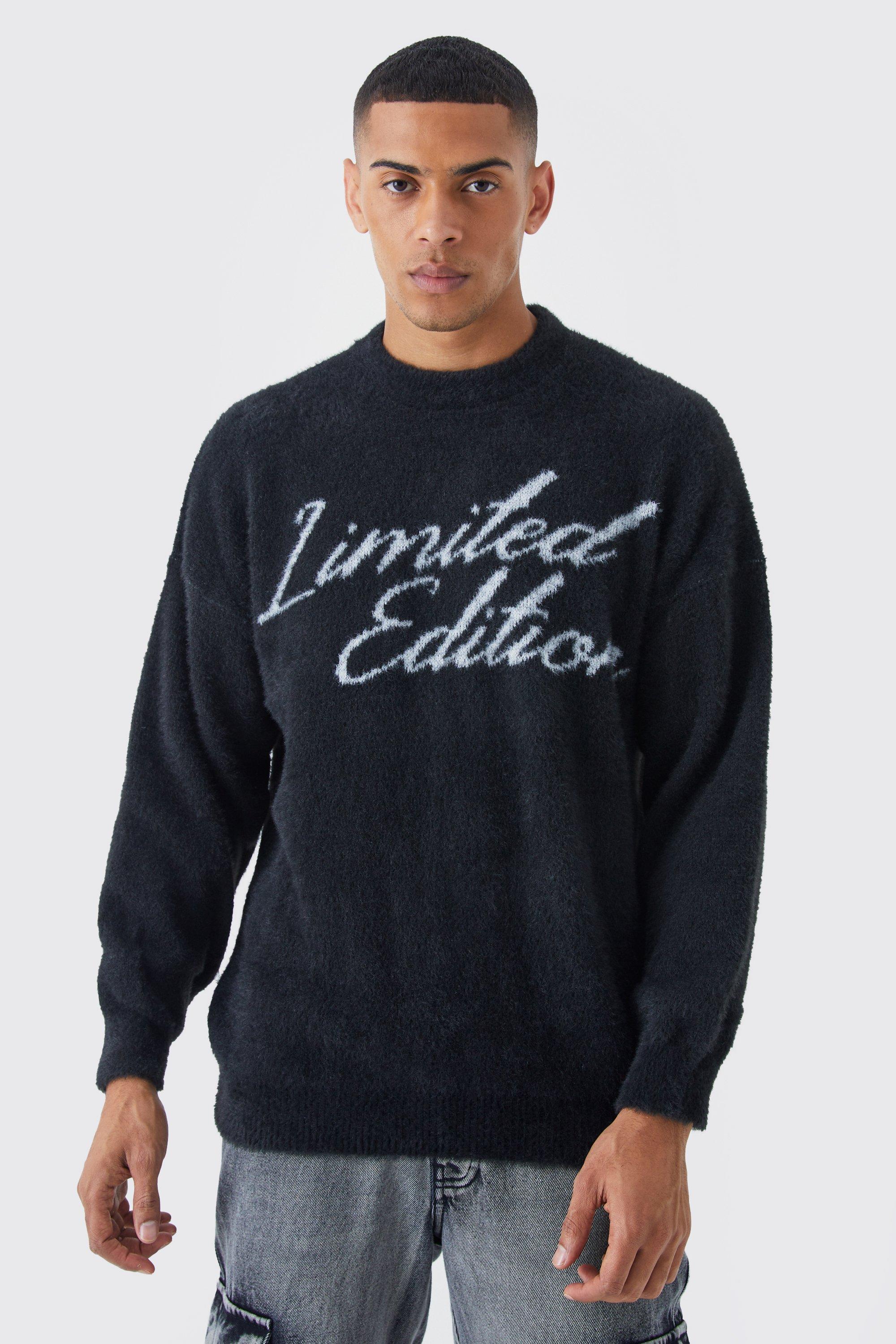 Mens Black Oversized Fluffy Limited Edition Knitted Jumper, Black