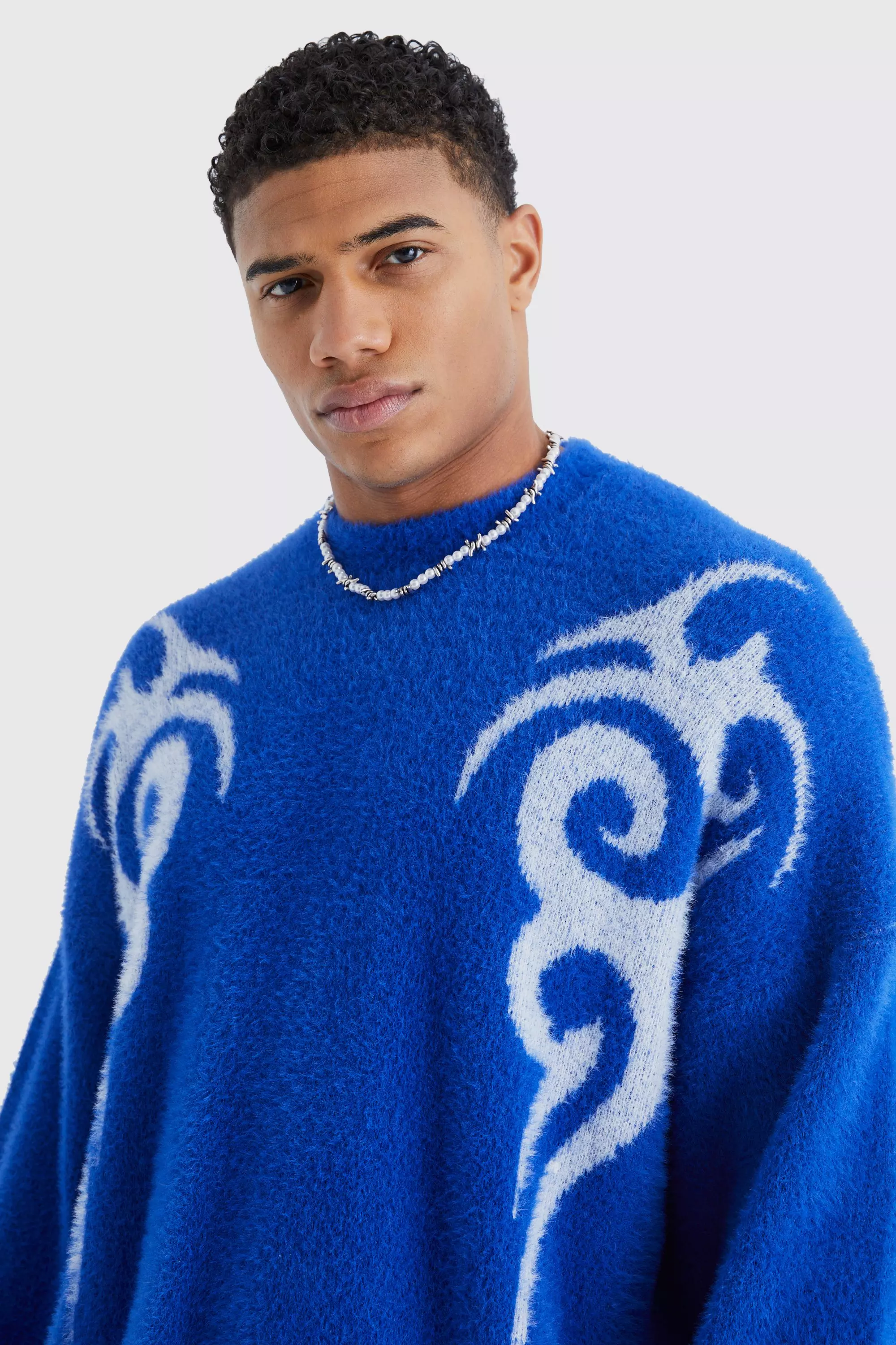 Oversized Fluffy Graphic Knitted Jumper boohooMAN