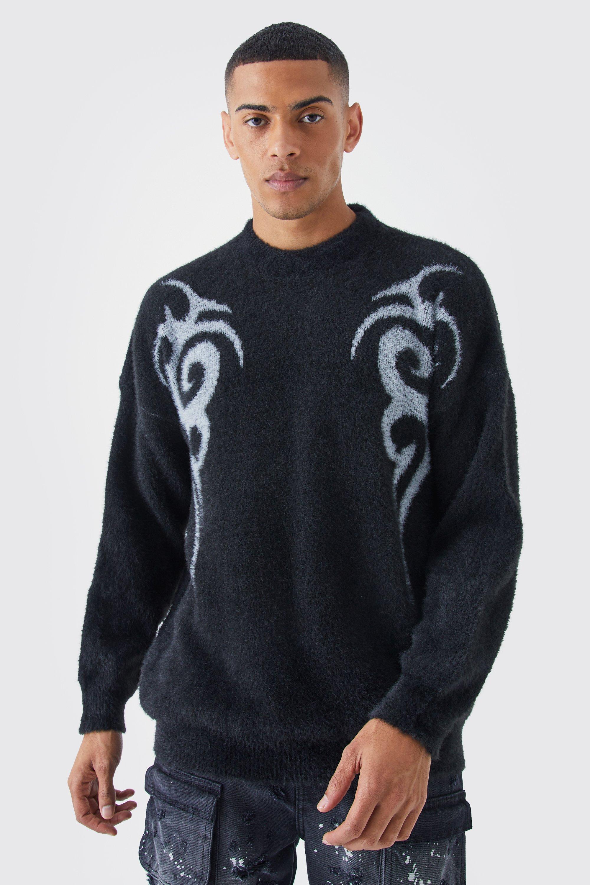 Mens Black Oversized Fluffy Graphic Knitted Jumper, Black