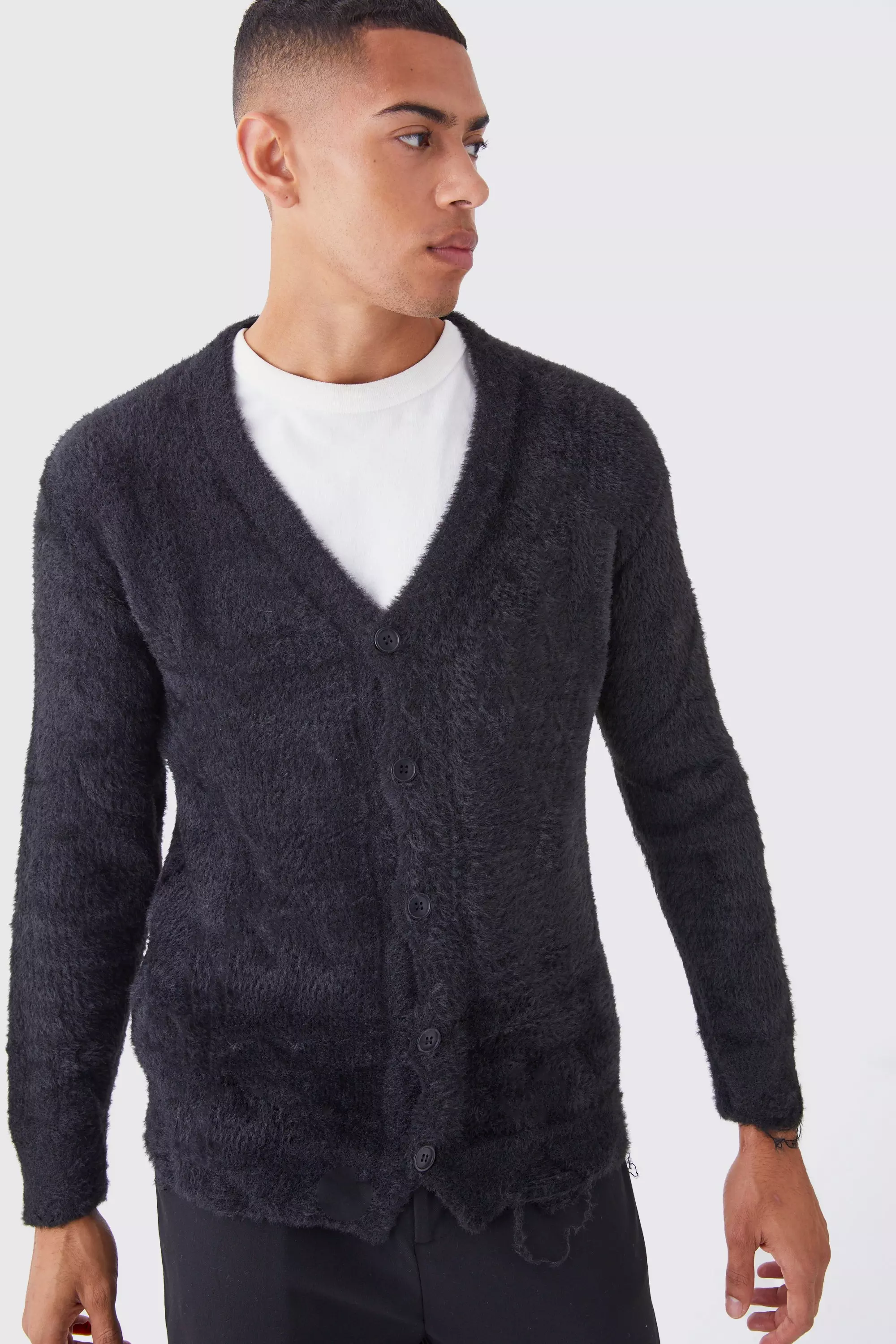 Oversized Distressed Fluffy Cardigan | boohooMAN USA