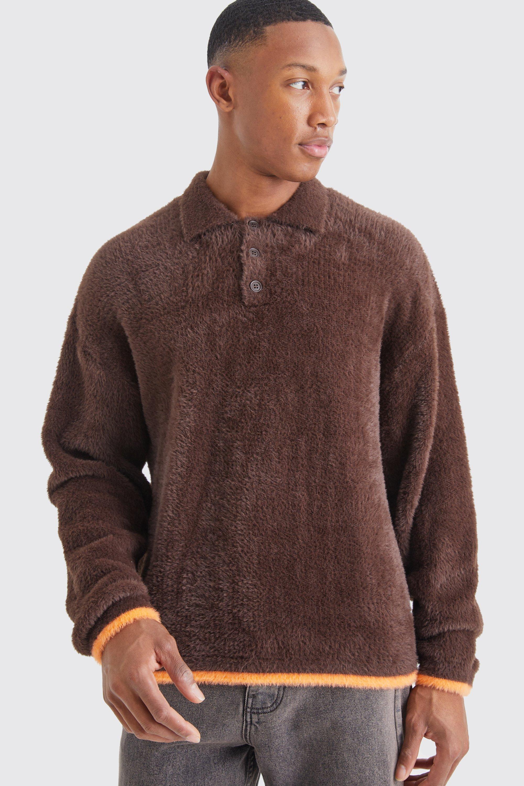 Mens Brown Boxy Fluffy Knitted Polo With Tipping, Brown