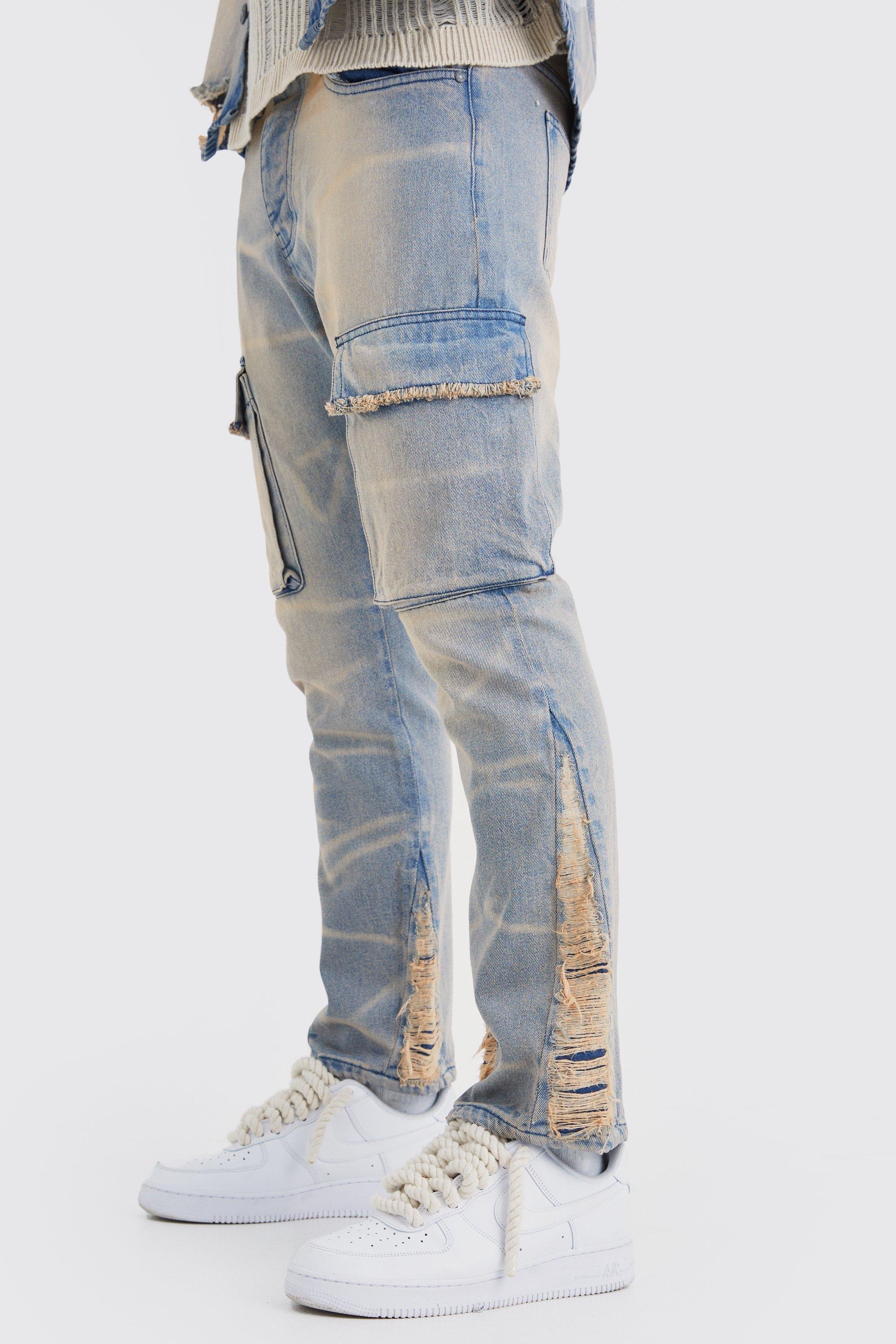 Image of Jeans Cargo Slim Fit in denim rigido sovratinti a effetto consumato, Purple