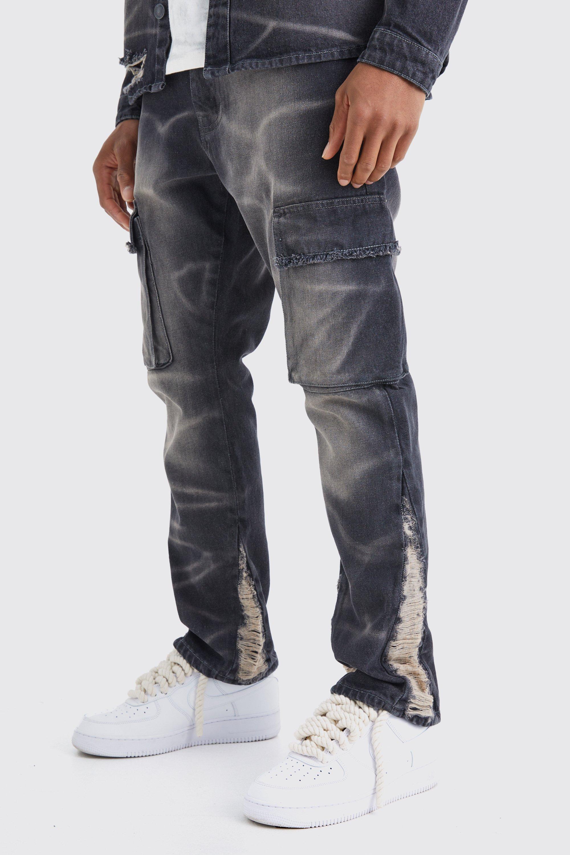 Image of Jeans Cargo Slim Fit in denim rigido sovratinti a effetto consumato, Nero