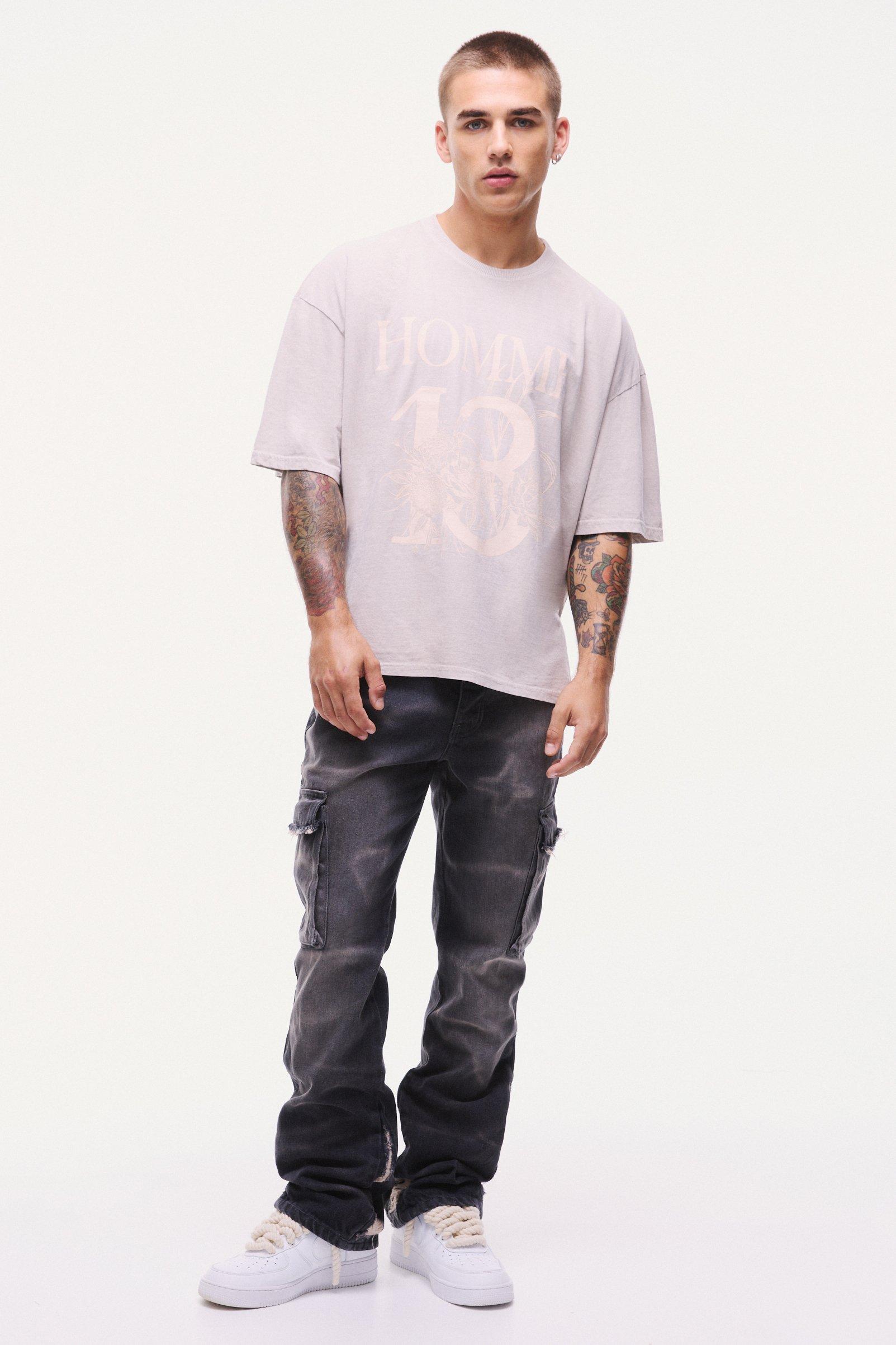 Mens Black Slim Rigid Flare Overdyed Distressed Cargo Jeans, Black