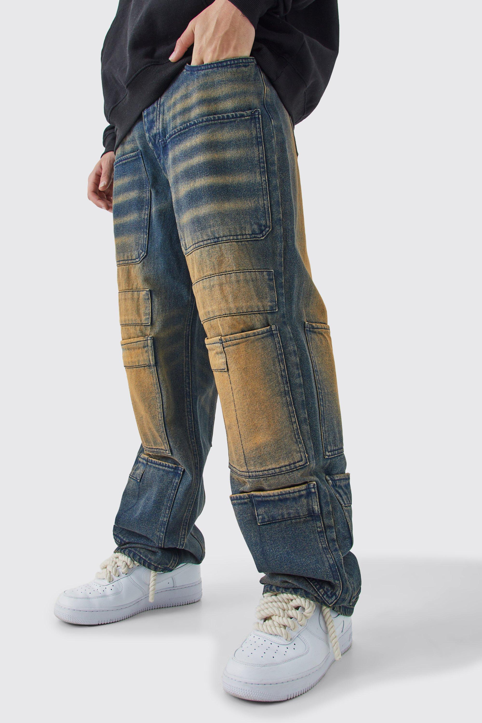 Image of Jeans extra comodi in denim rigido sovratinti con tasche Cargo, Verde